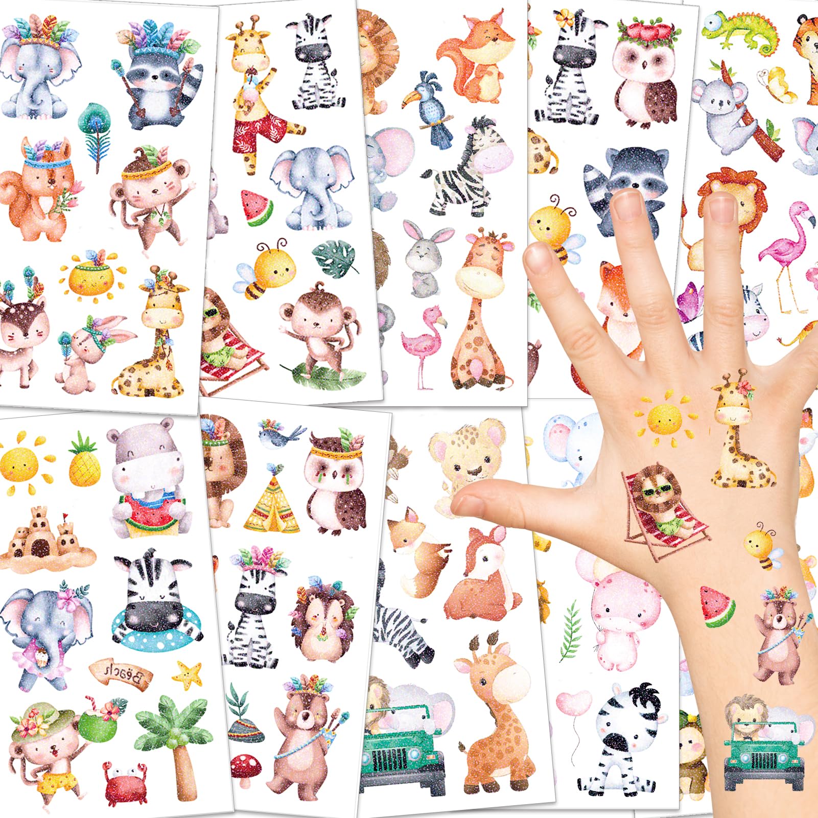 Konsait Glitter Temporary Tattoo for Kids,10 Sheets Elephant,Lion,Bee,Flamingos Jungle Animal Tattoo Stickers,Summer Waterproof Fake Tattoos for Birthday Party Favor Goodie Bags Stuffers Party Fillers