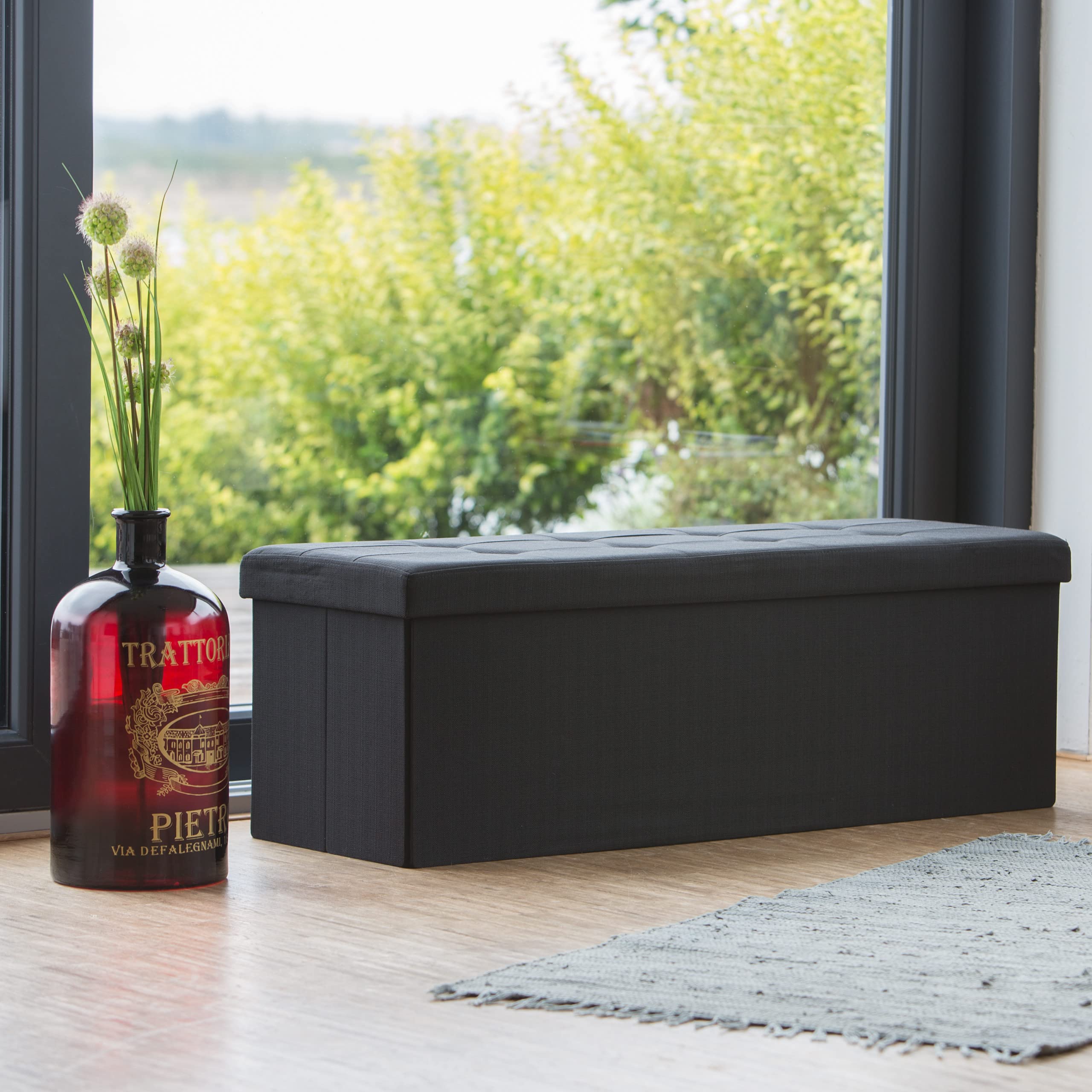 Relaxdays 10019049 _ 46 Pouf pliant, banc avec rangement, repose-pieds, lin, noir, 114 x 38 x 38 cm