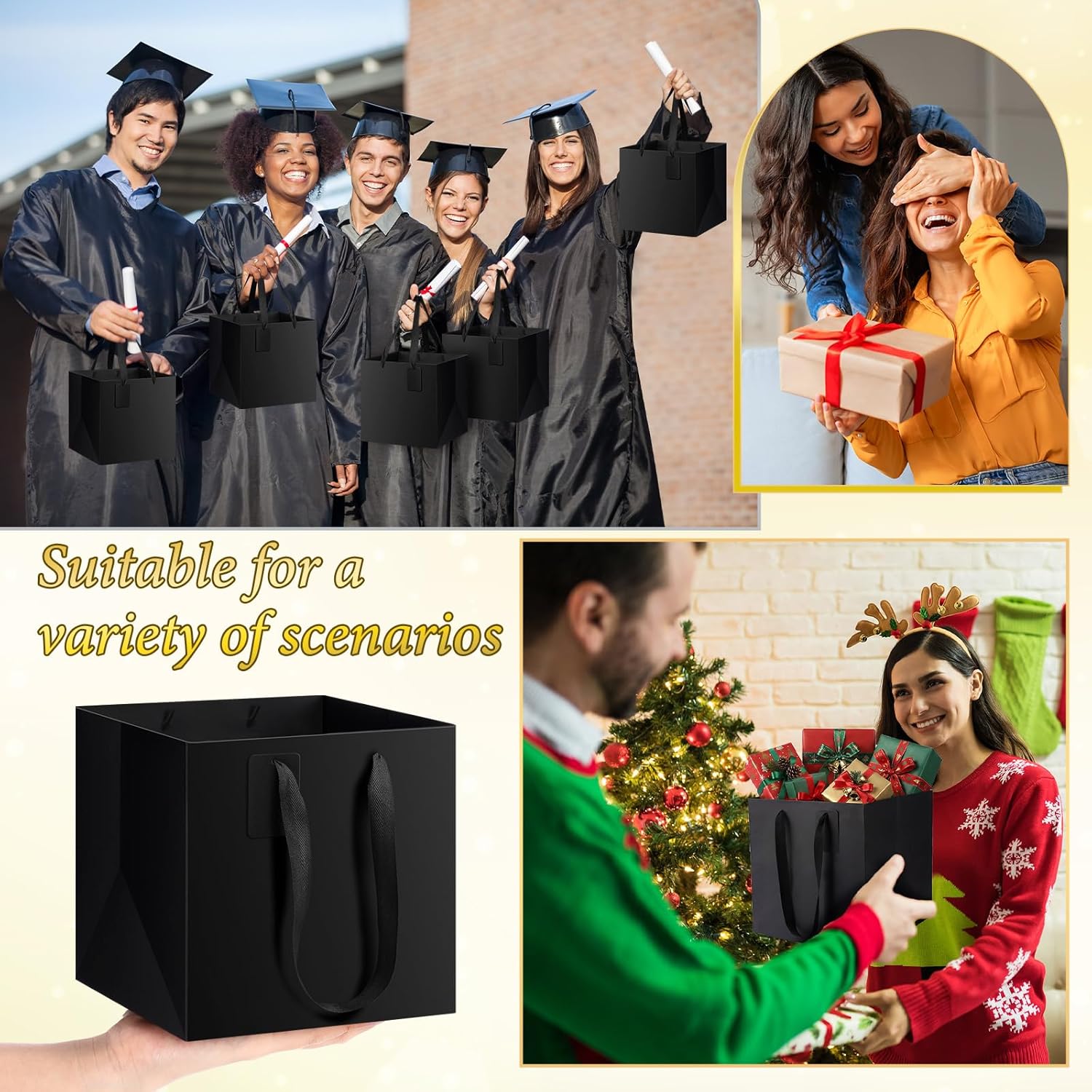 Windyun 25 Pcs Paper Gift Bags with Handle 10 x 10 x 10'' Square Small Favor Bag with DIY Thank You Tag for Birthday Wedding Bridal Shower Bridesmaid Graduation Party (Black) - Image 7