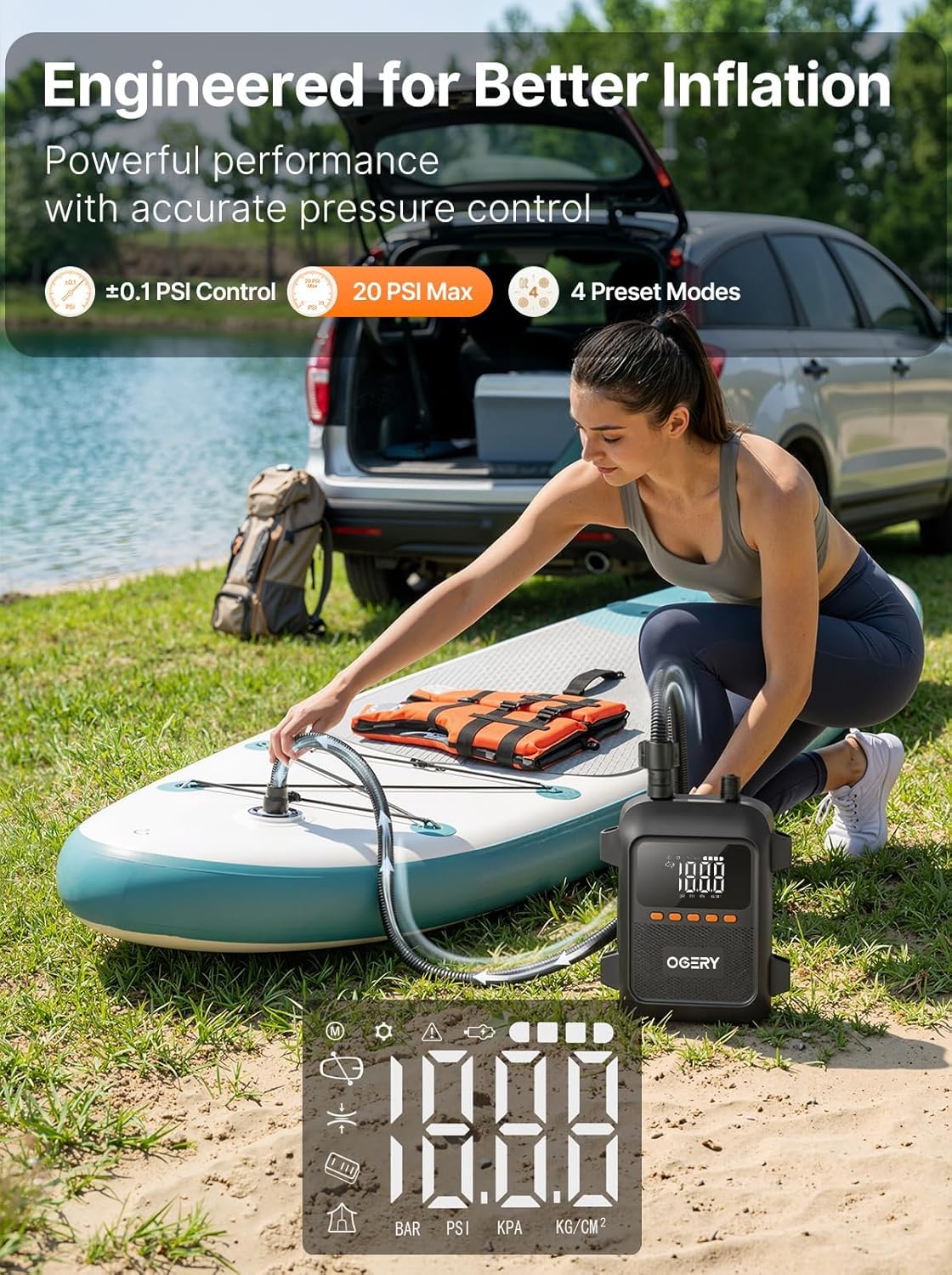 OGERY Paddle Board Electric Pump, 2X Faster Inflation & Deflation, Dual Power SUP Pump with Smart Auto-Off, Up to 20 PSI, Digital Pressure Display, 7 Nozzles for SUP Kayaks Tents Air Mattresses Boats