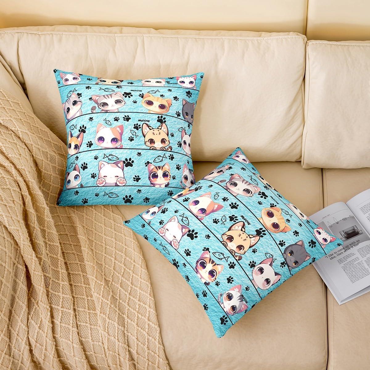 Kawaii Style Pets Lover Pillow Cover,Cute Kitten Cat Decorative Cushion Cover Reversible Print for Bed or Sofa,Cartoon Animals Couch Pillow Cover,2 Pack 24"x 24"