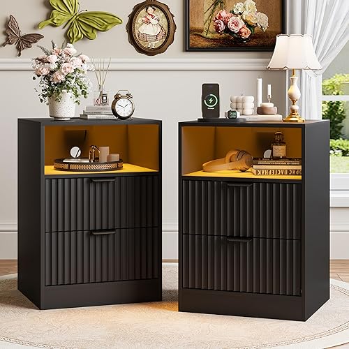 Black Night Stand Set 2, LED Nightstand with Charging Station,Wood Side Table Living Room,Fluted NightStands with 2 Drawers, End & Bedside Tables