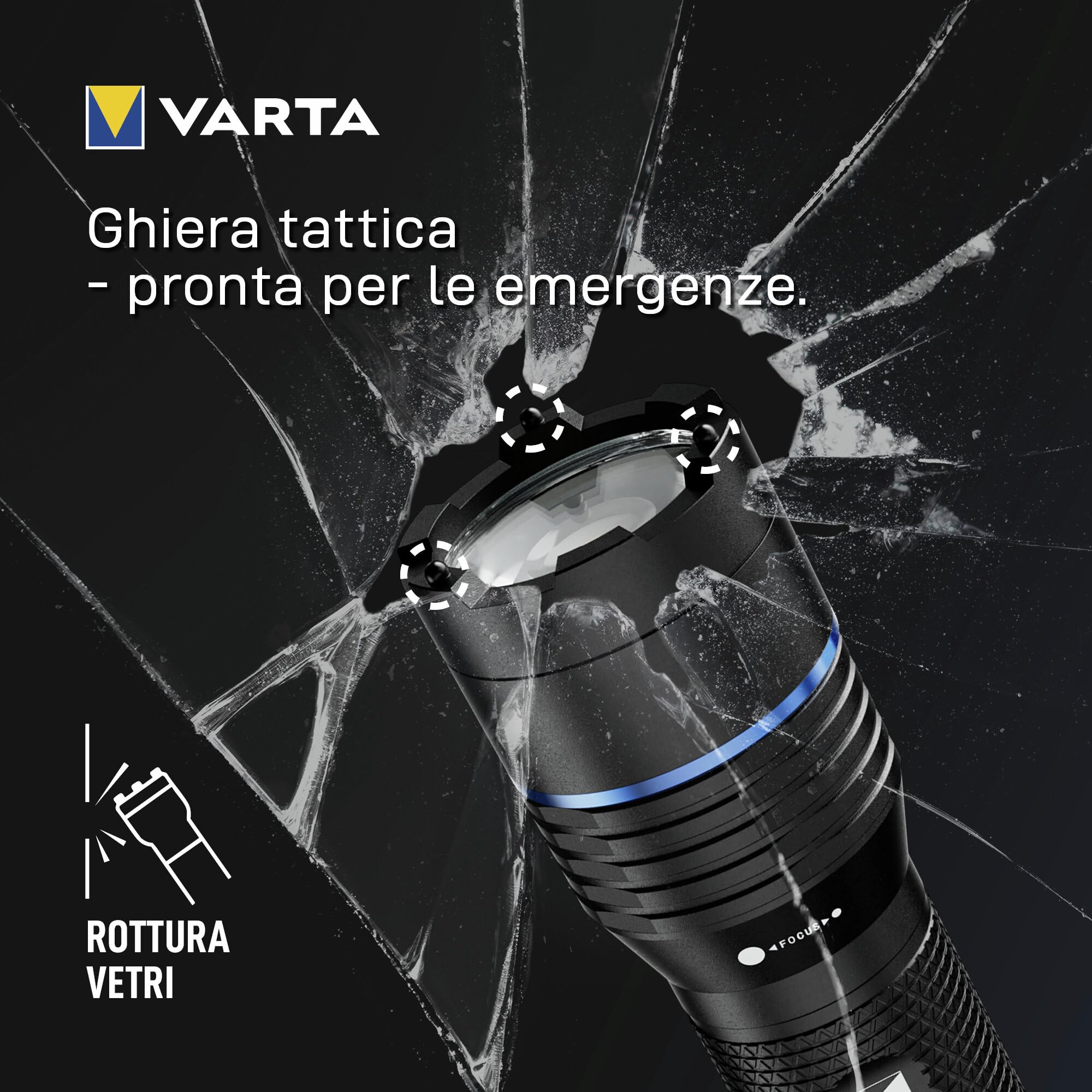 VARTA Torcia tattica LED, Night Cutter Pro F20R Tactical, 1000 lm | 5 modalità di luce, funzione rompivetro, IP67, alluminio aeronautico, USB C, fondina da cintura, ricaricabili