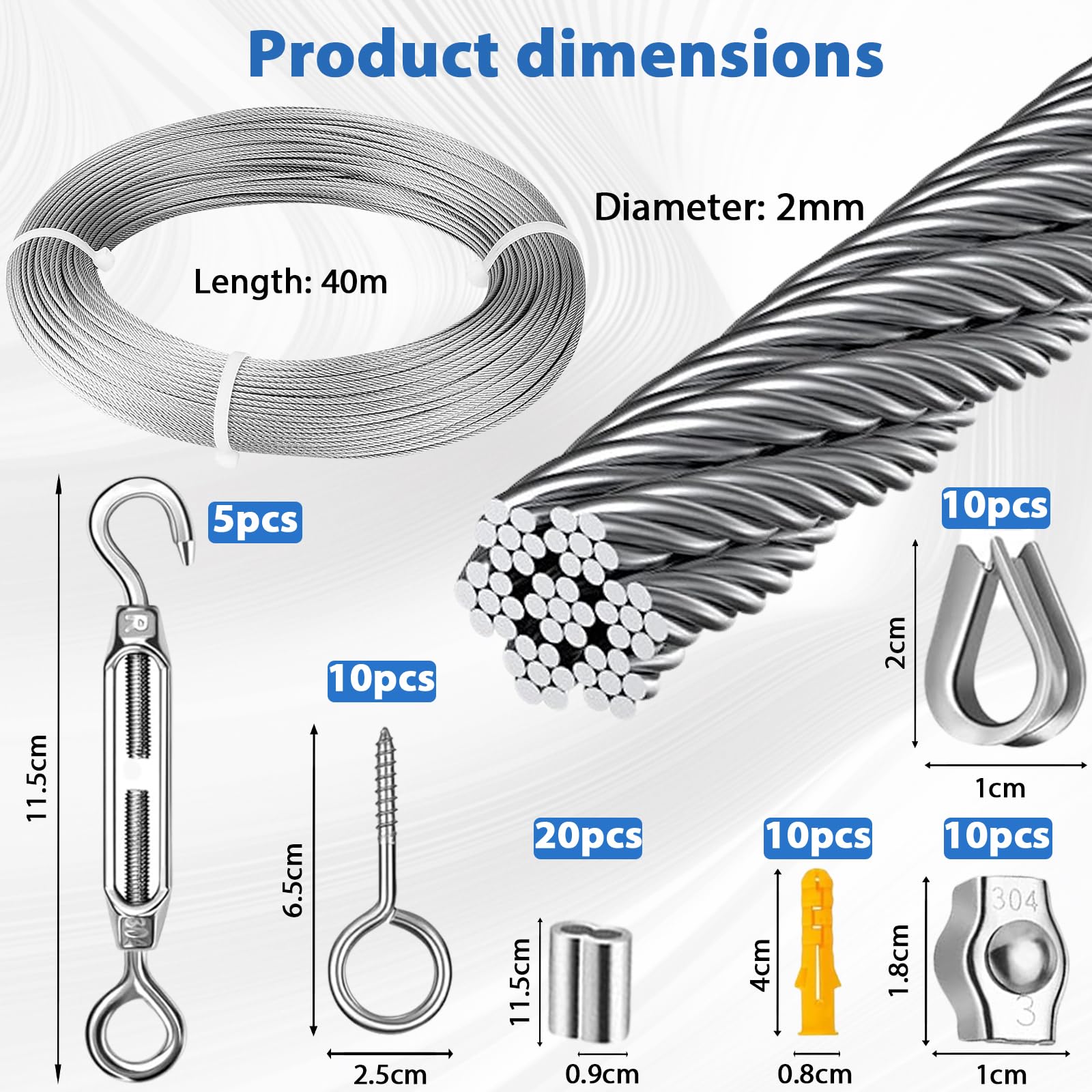 Kit Câble Métallique Acier Inoxydable 304 - 2mm X 40m, Avec Accessoires - Pour Guirlandes, Corde à Linge, Suspension, Bricolage