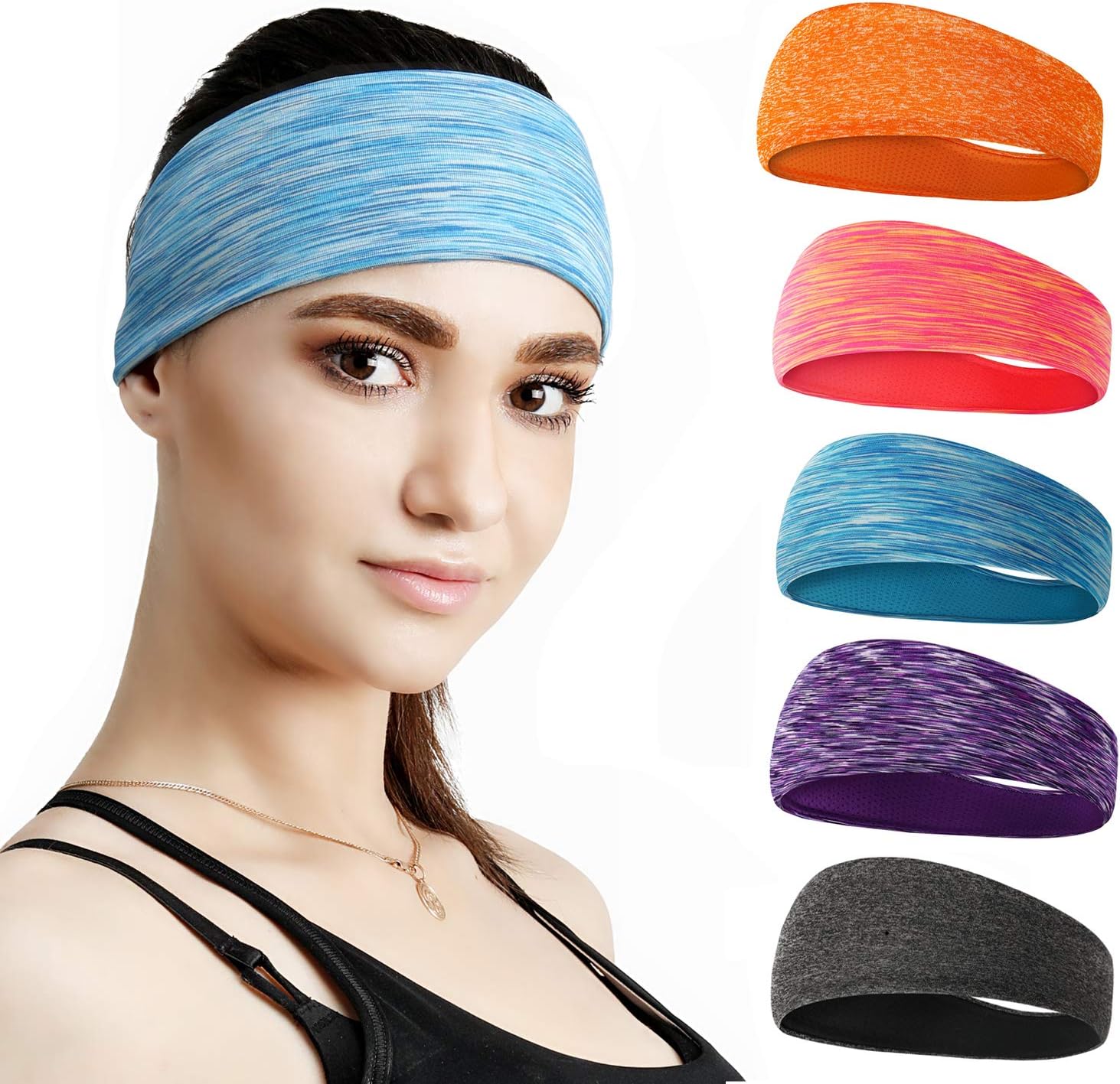 DASUTA Mens Headband 5 Pack Guys Sweatband Headbands for Sports,Running,Crossfit,Basketball Wocking Out and Performance Stretch & Moisture Wicking Men and Women Unisex Style 2 - (5 Pack)