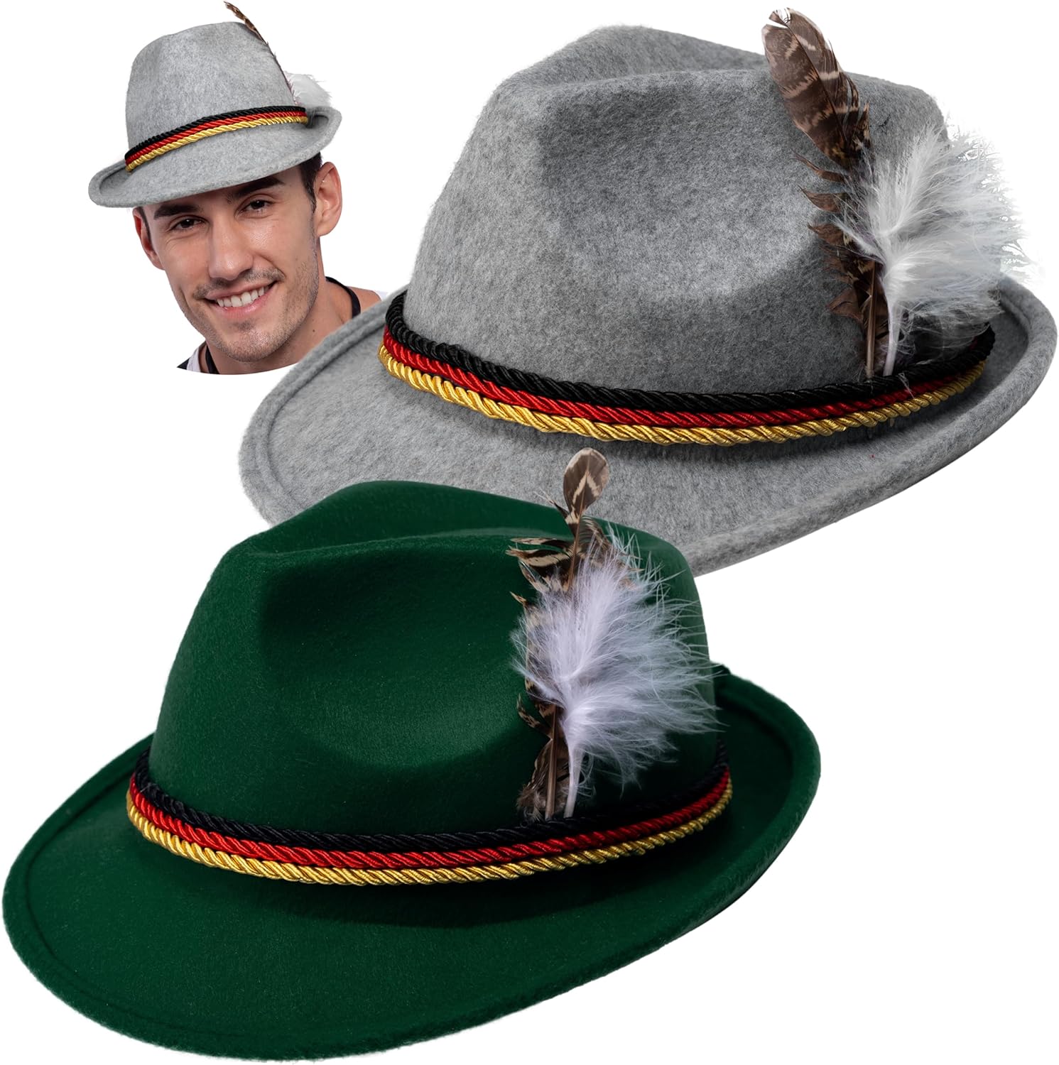 Spooktacular Creations Oktoberfest Hats, 2 PCS German Oktoberfest Costume Accessories Set, Green Gray Felt Fedora Retro Hats for Adults Bavarian Alpine Halloween Dress Up, RolePlay Party Green+gray