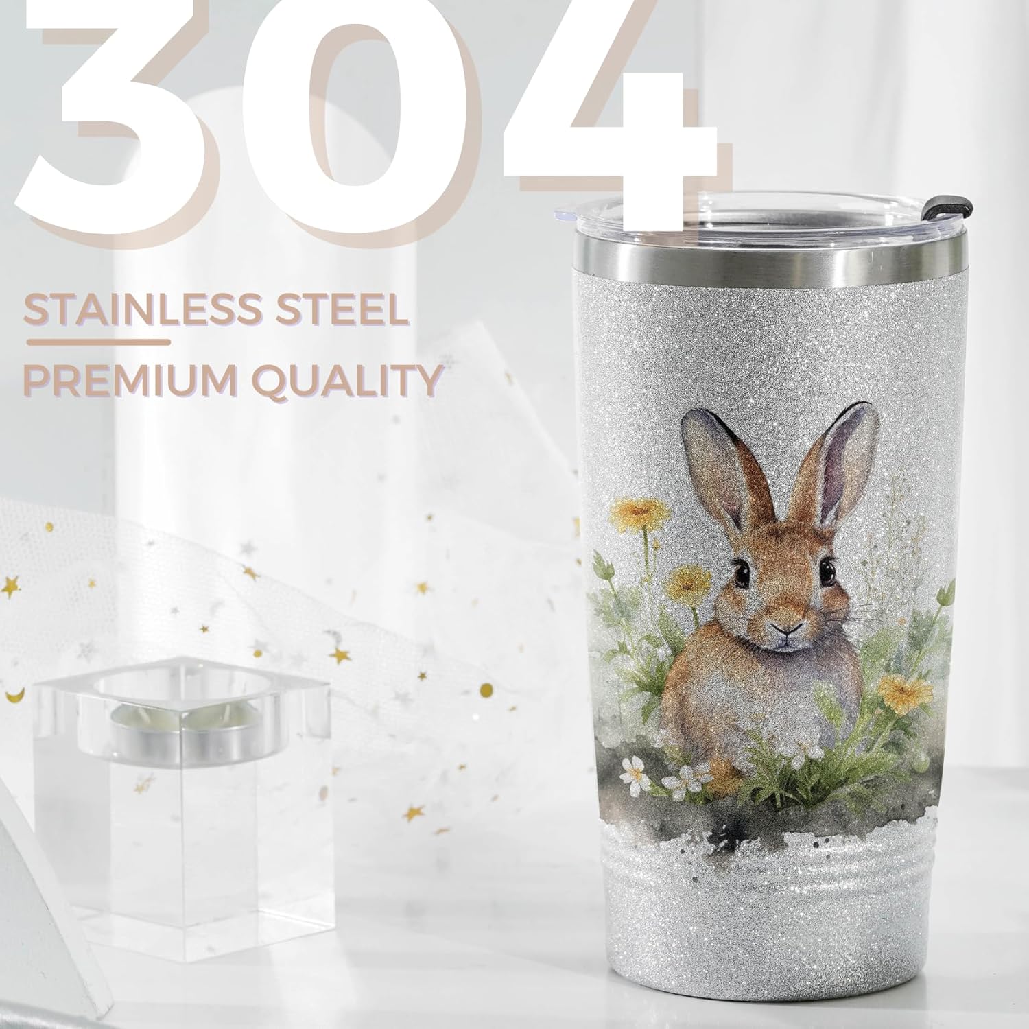 Onebttl Bunny Glitter Tumbler with Lid and Straw, Unique 20oz Cute Tumbler for Women & Girl, Bunny Lover Gifts for Christmas, Birthday - Image 4