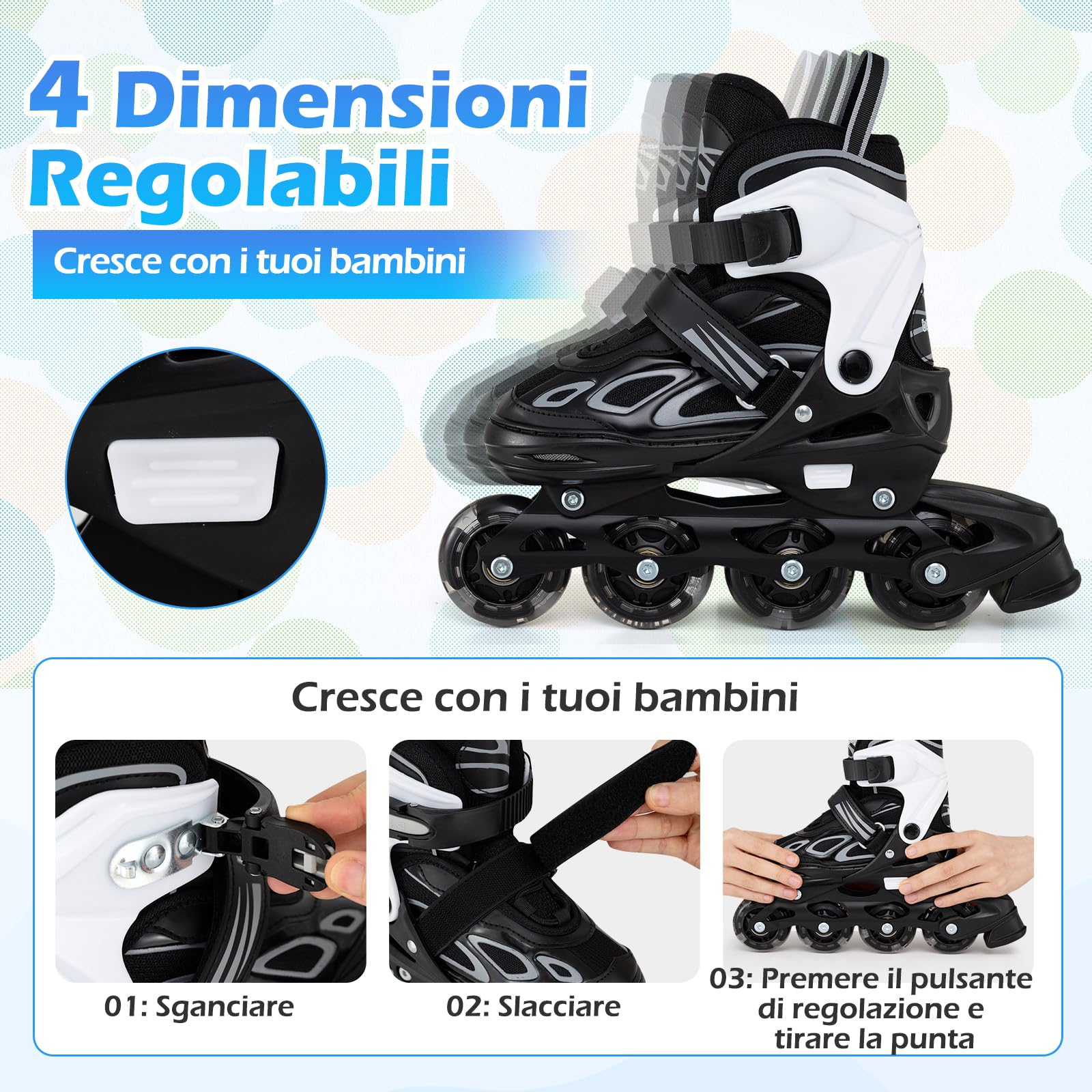 COSTWAY Pattini in Linea a 4 Rotelle per Bambini, Pattini a Rotelle Regolabili con 4 Ruote Luminose e Chiusura a Strappo, per Bambini e Ragazzi 5-14 Anni