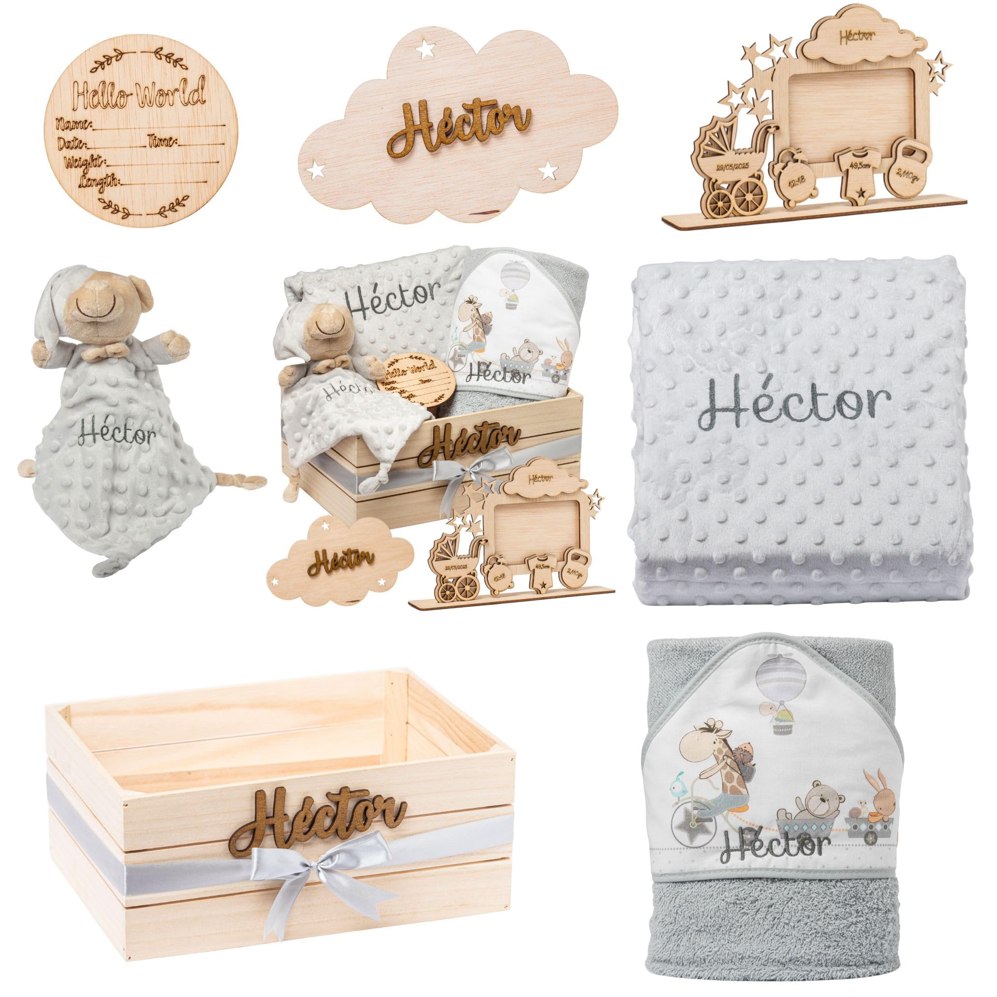 Regalo para Bebé Recién Nacido Niño o Niña | Cesta con Manta, DouDou, Capa de Baño, Nube Decorativa y Marco|Canastilla Embarazo,Bautizo,Hospital y Baby Shower | Nombre en Madera | Olesea (Gris)