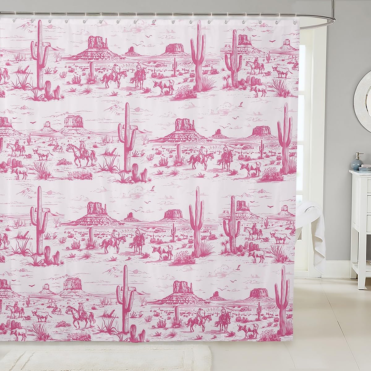 Western Cowgirl Shower Curtains,Cactus Horseshoes Mountain Rustic Farmhouse Bathroom Curtains for Girls Women,Cowboy Cow Sketch Country Pink