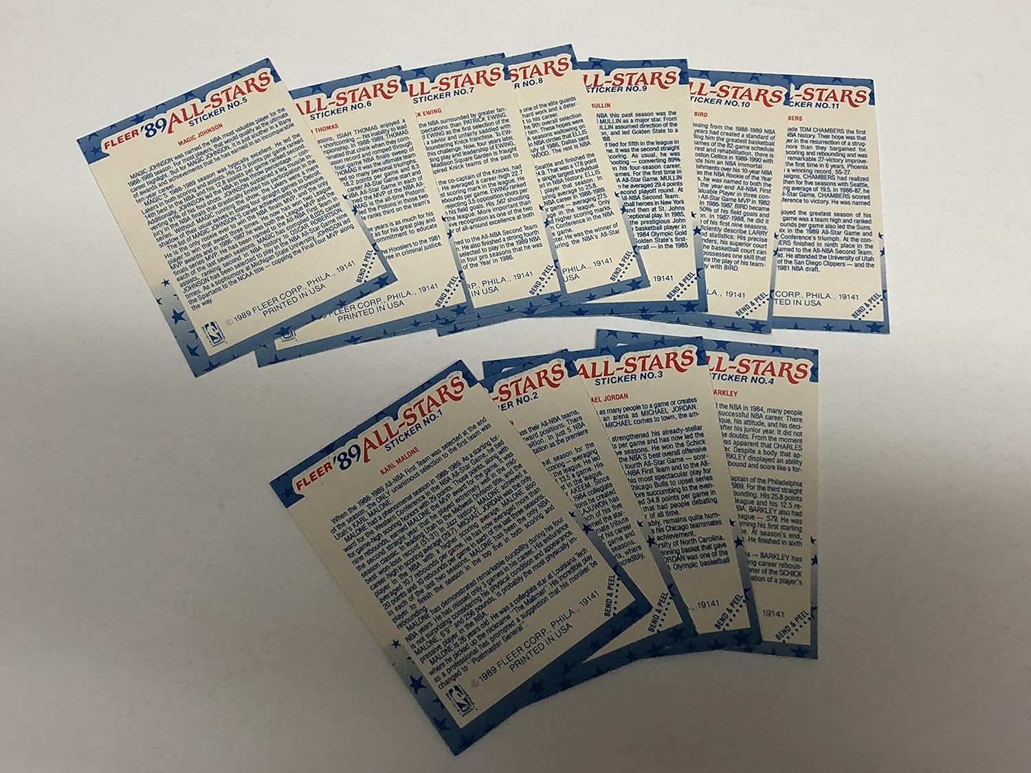 1989-90 Fleer Basketball Sticker Set (1-11) Magic Johnson, Larry Bird, Michael Jordan NRMT/MT