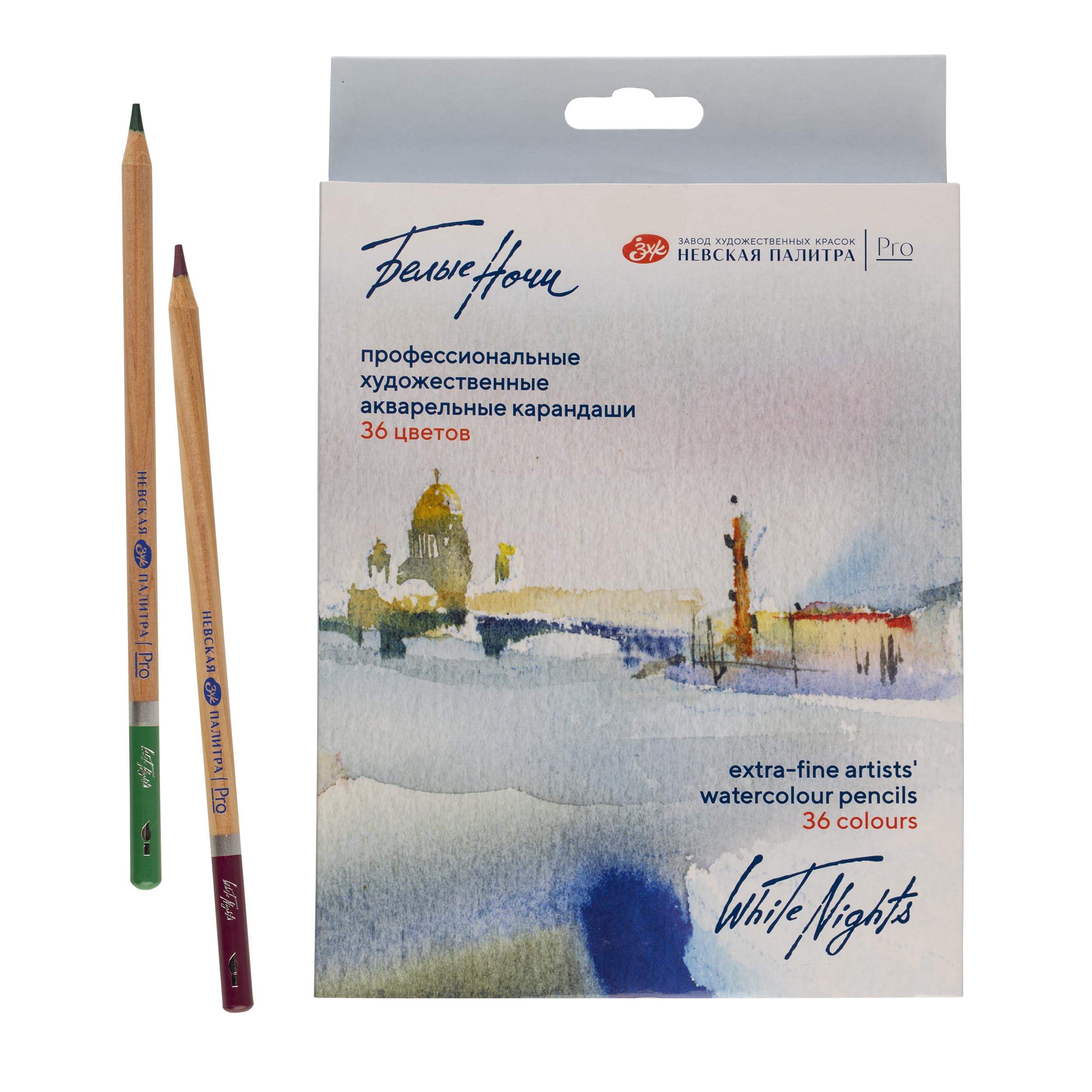 White Nights russische Aquarellstifte 36er Set im Kartonetui, holzgefasste Stifte mit hoher Farbbrillanz, weicher Farbabstrich, wasservermalbar
