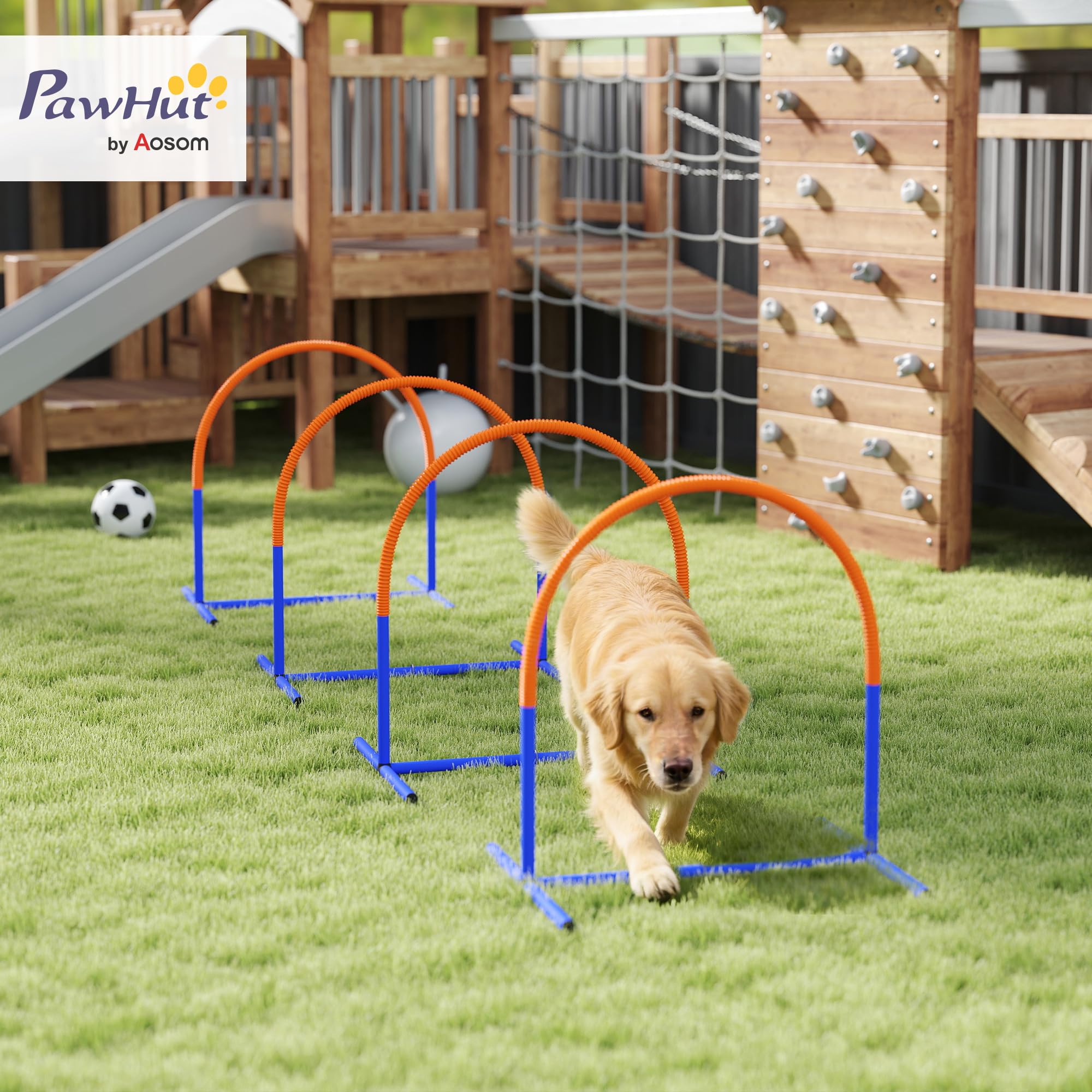 PawHut Hunde-Agility-Trainingsgeräte, Hund Agility Set, 4-teilges Agilityset für ältere Hunde, Hundetrainigsset mit Tragetasche, Blau+Orange, 88 x 64 x 95 cm