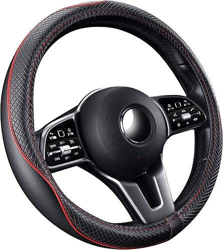 Miniatura 8 de GXT Funda universal para volante de automóvil, de piel sintética, de 15 pulgadas, elegante, antideslizante, color negro con puntos blancos