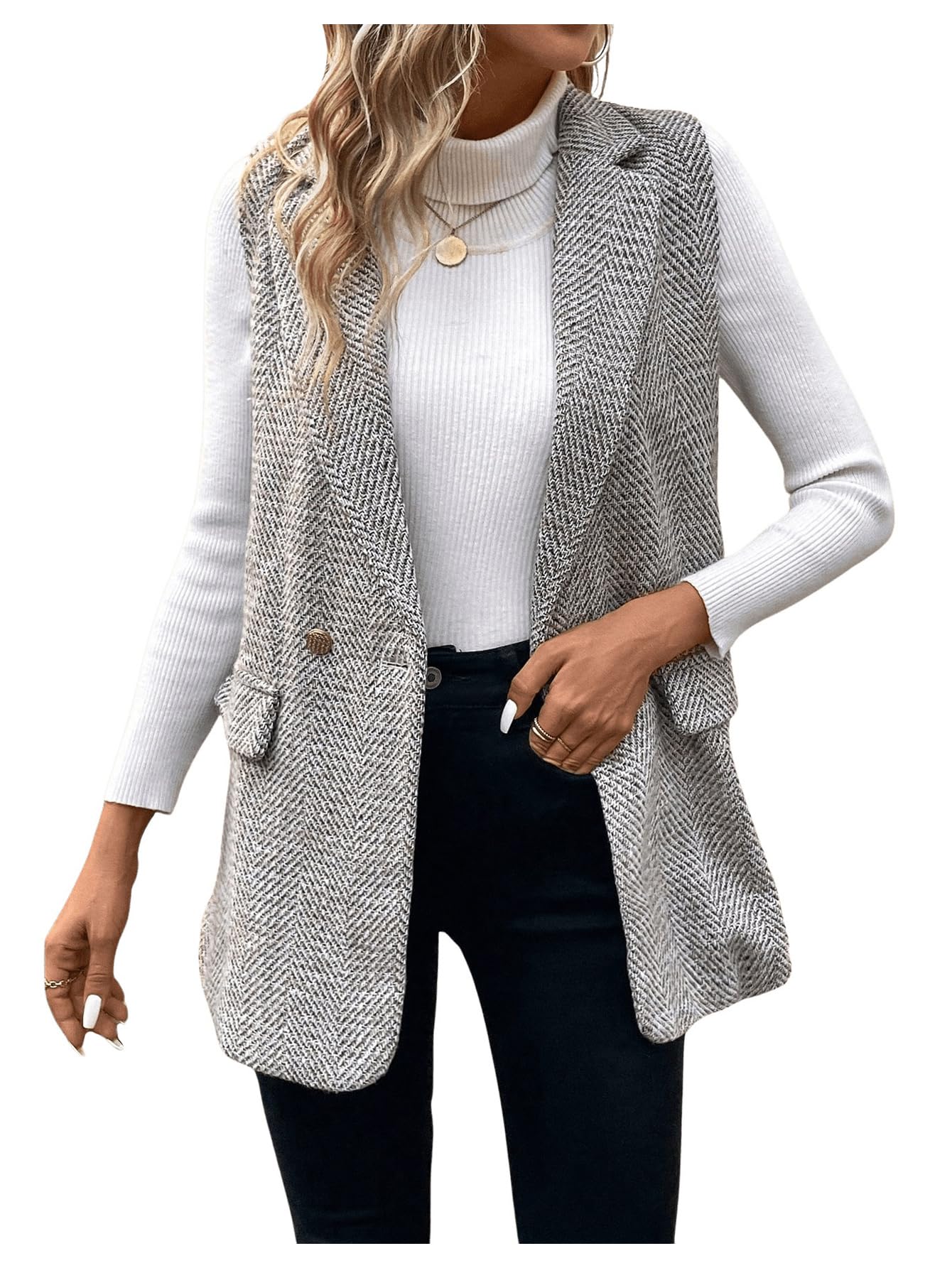 GORGLITTER Womens Sleeveless Long Blazer Vest Open Front Tweed Business Work Fall Trendy 2025 Jacket Cardigan Coat