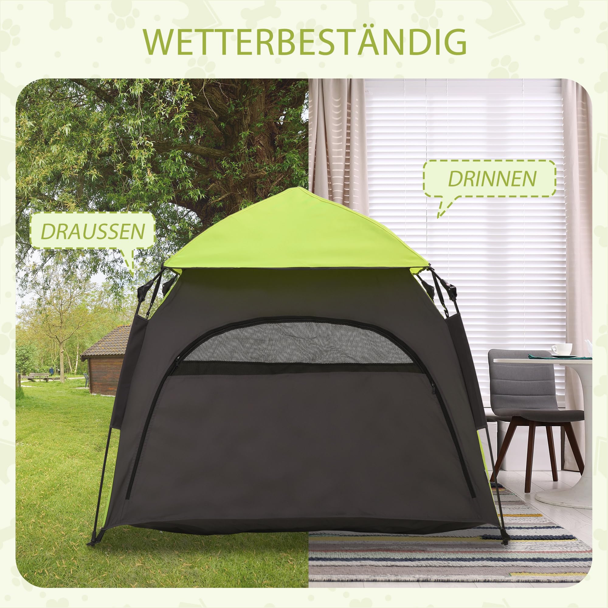 PawHut Haustierzelt, Outdoor Hundezelt, Katzenzelt mit Meshfenster, Tragetasche, Sonnendach, Tragbar Hundehütte für extra große und große Hunde, für Drinnen und Draußen, 120x120x106cm, Grün+Dunkelgrau