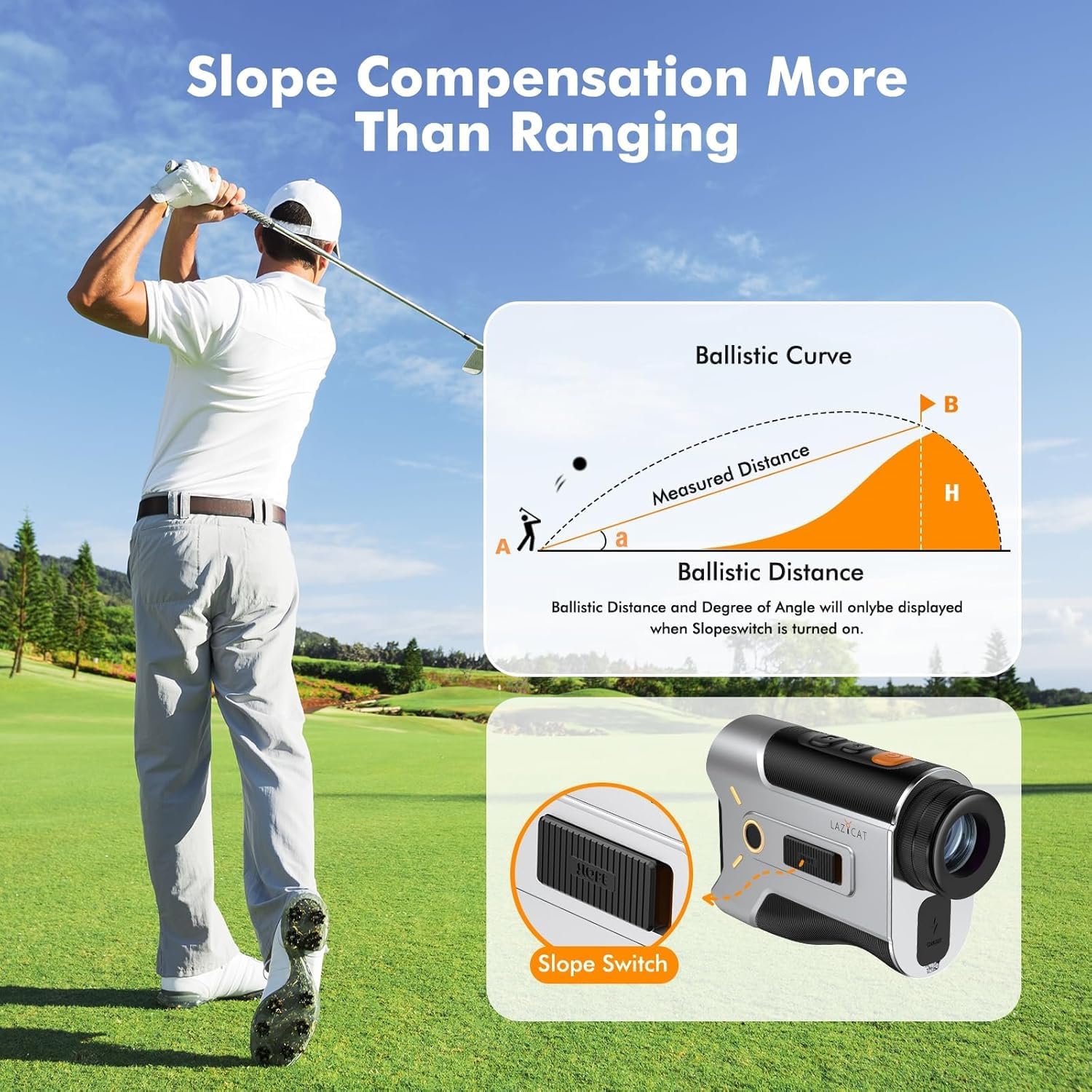 LAZYCAT Télémètre de golf avec pente, télémètre laser de 1 200 m à intensité variable, grossissement 7x, vibration de verrouillage du drapeau, mesure la vitesse, rechargeable avec aimant