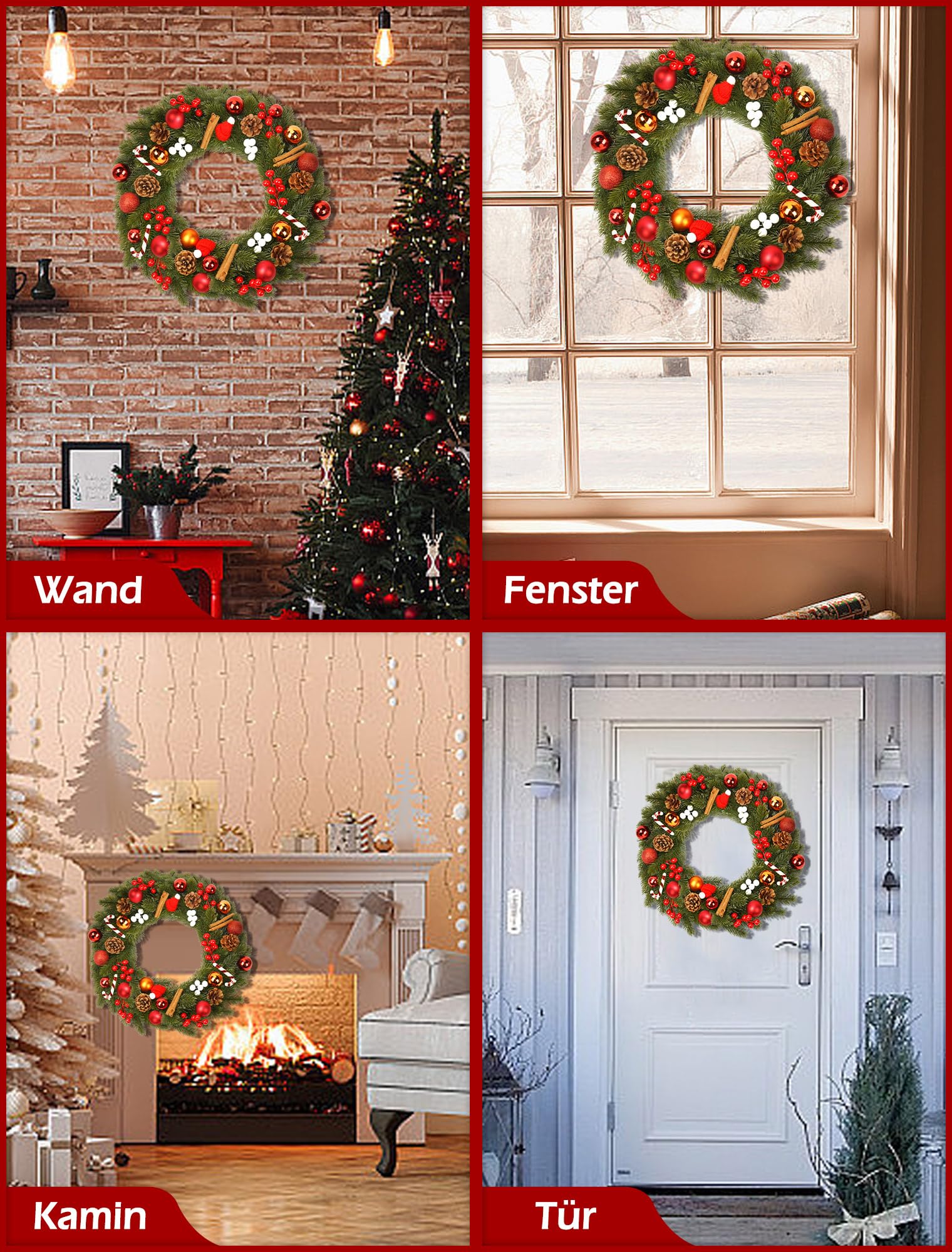 Türkranz Weihnachten 40cm, Adventskranz Künstlich, Weihnachtskranz Haustür mit Haken aus Metall, Weihnachtstürkranz mit Weihnachtskugeln Weihnachtsdeko, Hängekranz aus PVC für Innen und Außen
