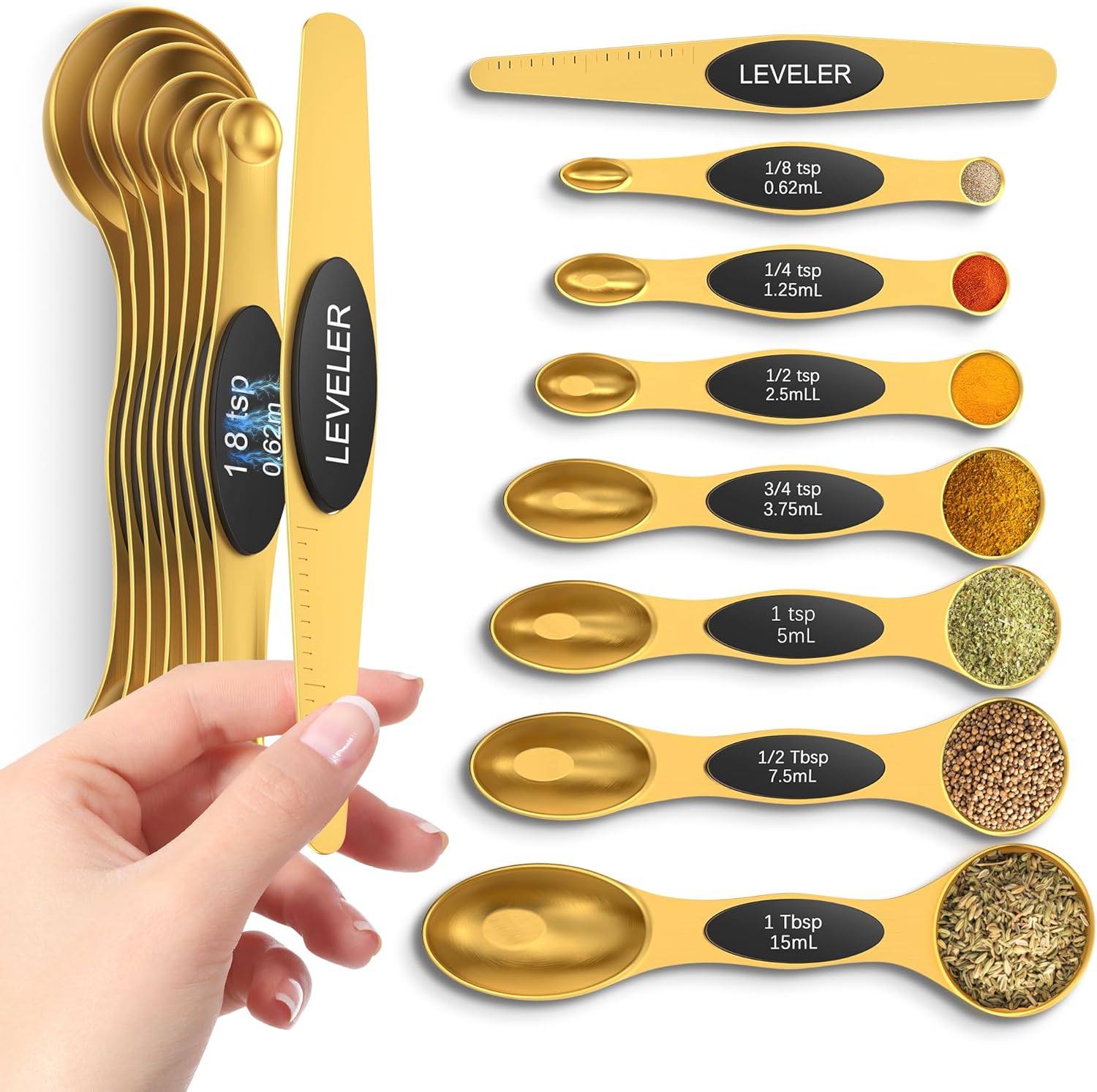 Magnetic Measuring Spoons Set with Strong N45 Magnets, Heavy Duty Stainless Steel Metal, Fits in Most Kitchen Spice Jars for Baking & Cooking, BPA Free, Multicolor, Set of 8 with Leveler(Gold)