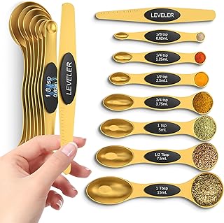 Magnetic Measuring Spoons Set with Strong N45 Magnets, Heavy Duty Stainless Steel Metal, Fits in Most Kitchen Spice Jars for Baking & Cooking, BPA Free, Multicolor, Set of 8 with Leveler(Gold)