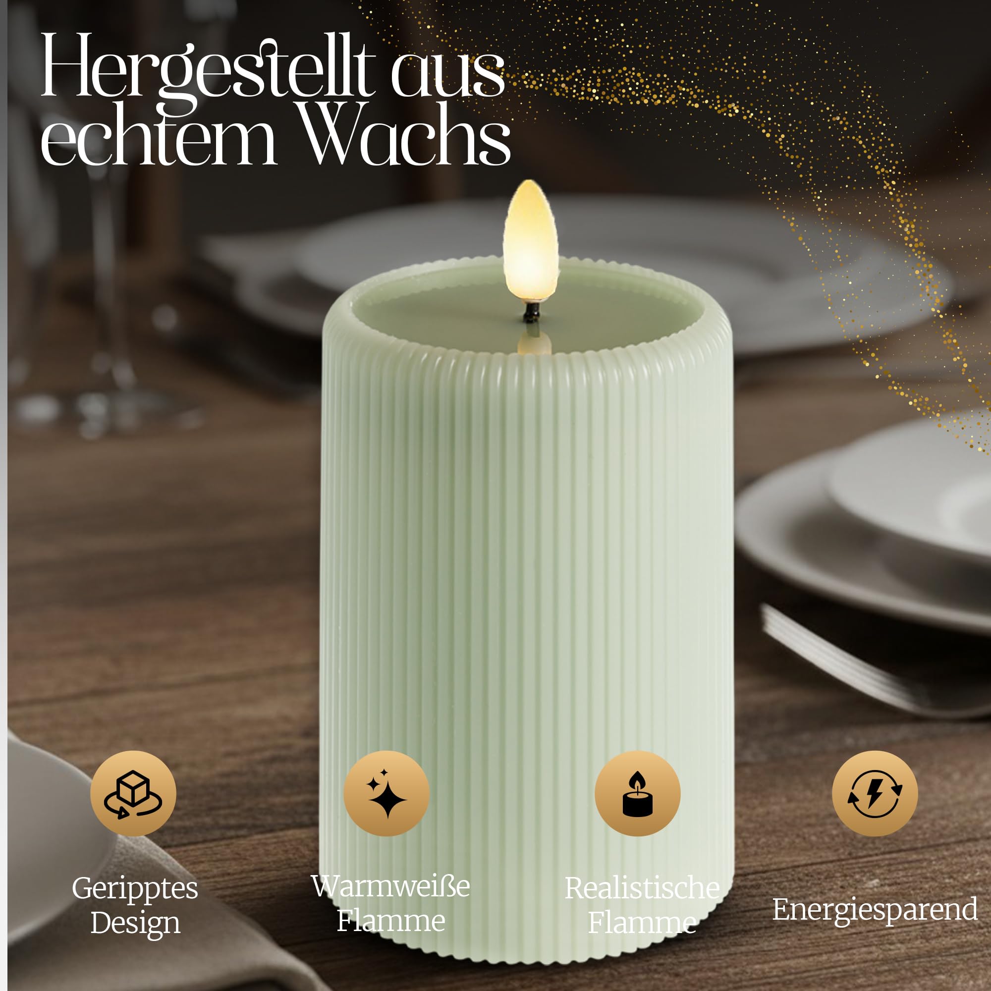 Meisterhome® LED-Kerzen 4er-Set Sage - Flammenlos – Stumpenkerzen mit Fernbedienung & Timer – batteriebetrieben – warmweißes Licht – Ø 7,5/10 cm, Höhe 10/15 cm – Riffel-Design – flackernde Flamme
