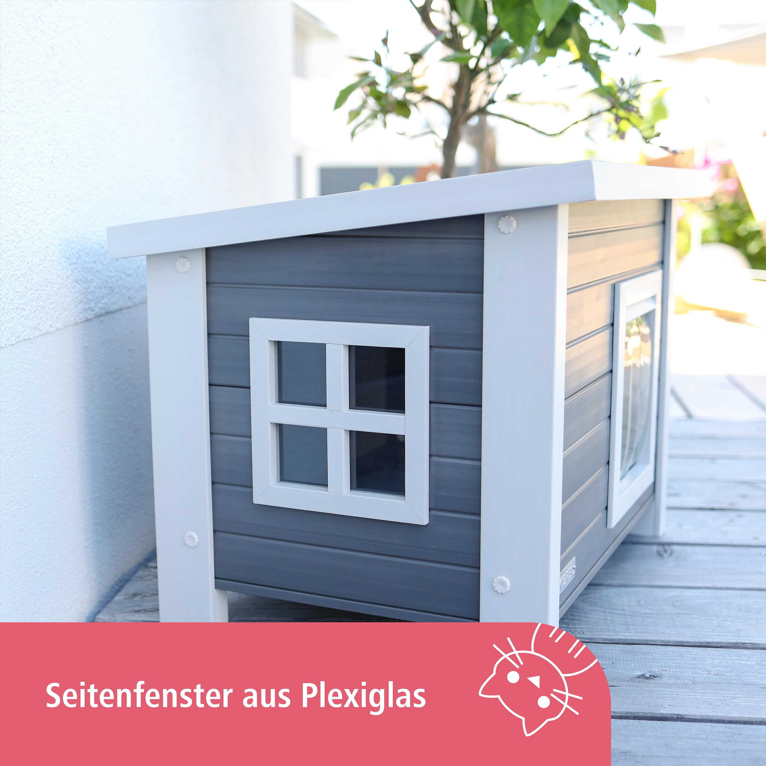 Kerbl Pet Katzenhaus Eli | Grau/Weiß, 57 × 45 × 43 cm, wetterfestes Haus aus recyceltem Kunststoff und Holz, einfach zu montieren