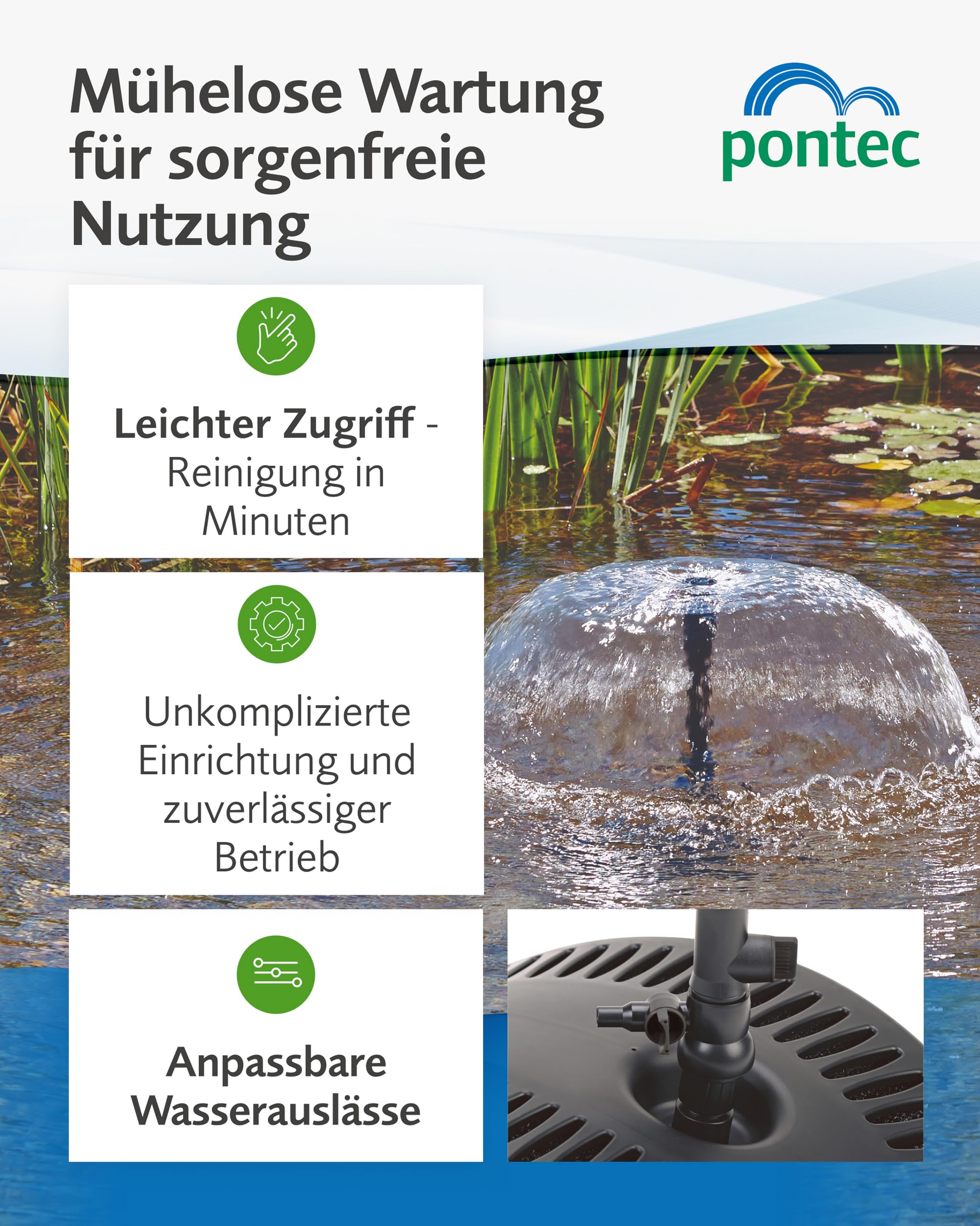 Pontec PonDuett 5000 – 2-in-1 Unterwasserfilter mit Wasserspielpumpe – Teichpumpe mit Filter – Teich Springbrunnen für Teiche bis 5.000 l – Filter mit Springbrunnenpumpe - 4 Fontänenaufsätze