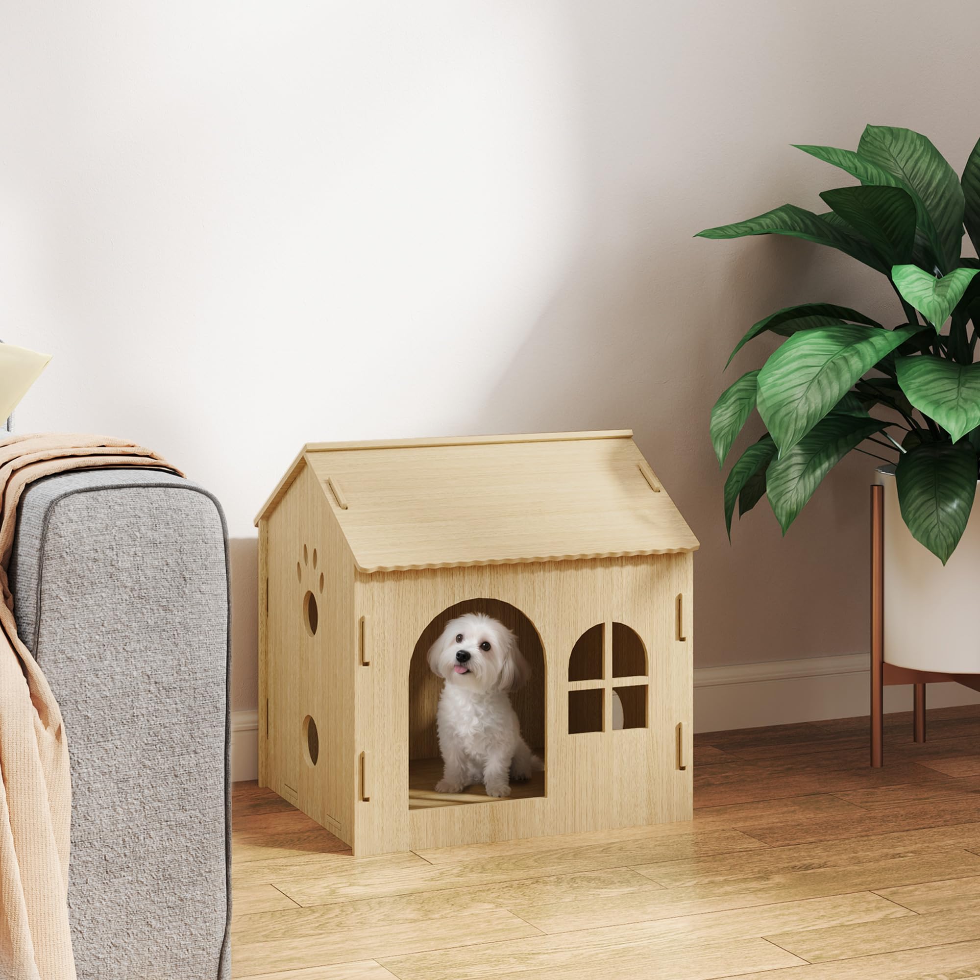 PawHut Caseta para Perros Casa para Perros Interior con Ventana Diseño de Garra Hueca Casita para Perros y Gatos 49,5x41x51 cm Roble