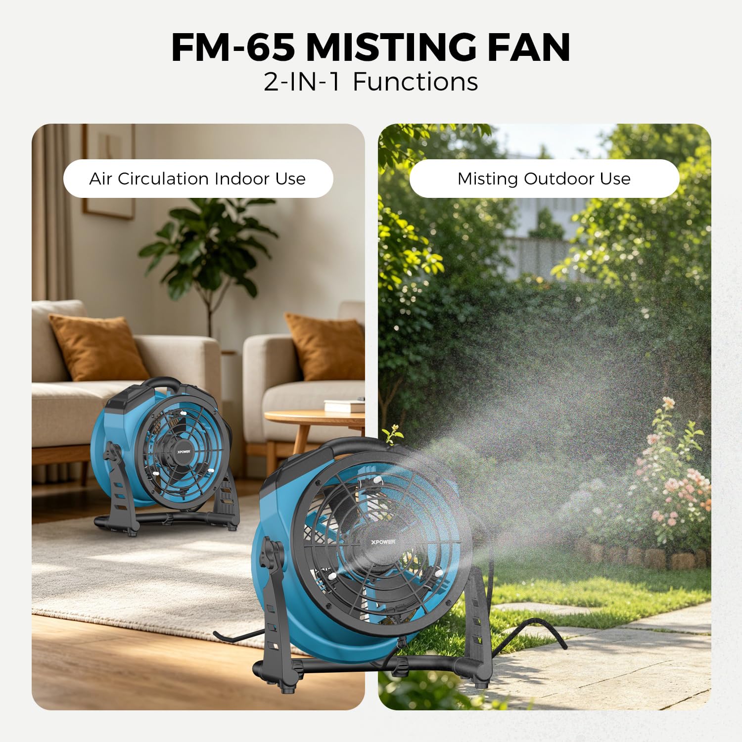 XPower Ventilador de nebulización para exteriores, oscilante, resistente, potente de alta velocidad, ideal para camping, patios, picnics y más (FM-65)