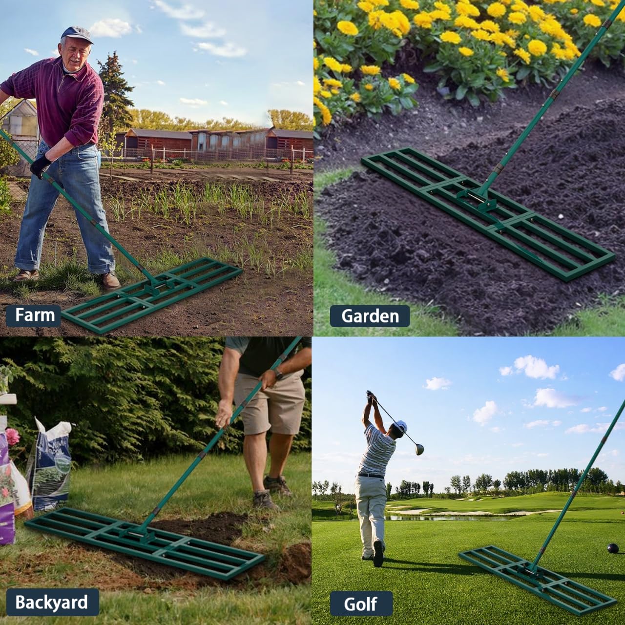 Rastrillo nivelador de césped de acero inoxidable resistente de 45 x 10 pulgadas con mango largo ajustable de 78 pulgadas para tierra, suelo, aderezo de patio, campo de golf, herramientas de jardín