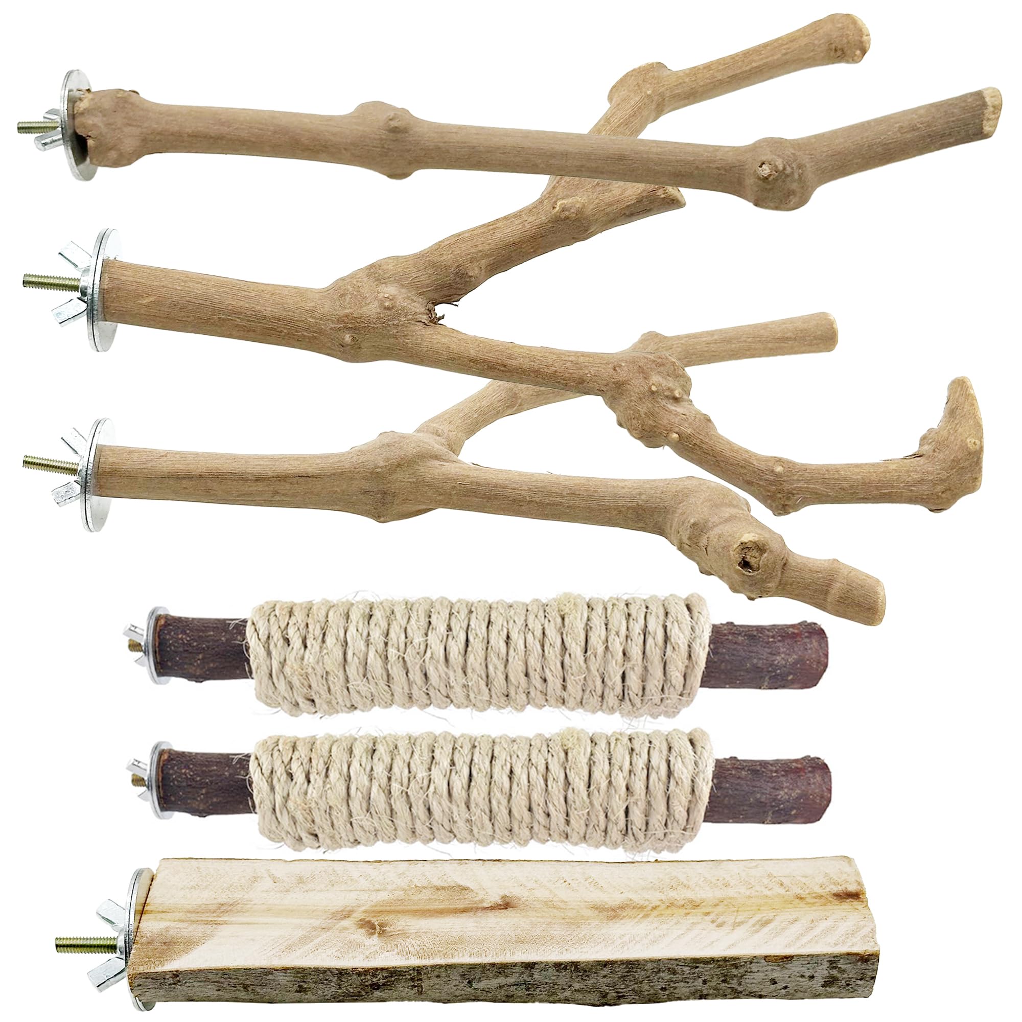 Lot de 6 perchoirs à oiseaux en bois naturel à suspendre avec corde, accessoires de cage à oiseaux pour petites perruches, calopsittes, conures