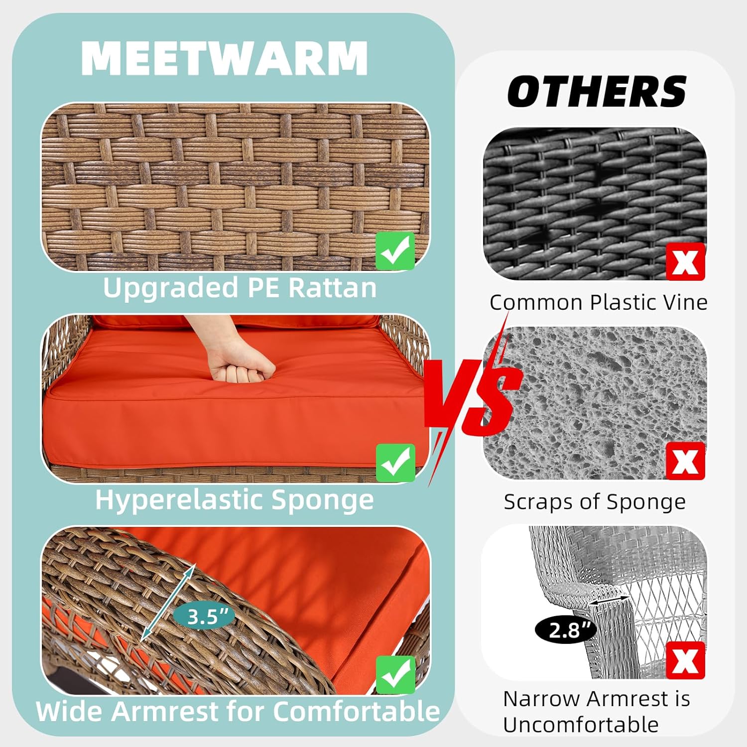 MEETWARM 3 Pieces Outdoor Wicker Rocking Chair Set, Rattan Patio Rocker Chairs Set with Cushions and Glass-Top Coffee Table, Conversation Bistro Set for Porch & Backyard - Orange