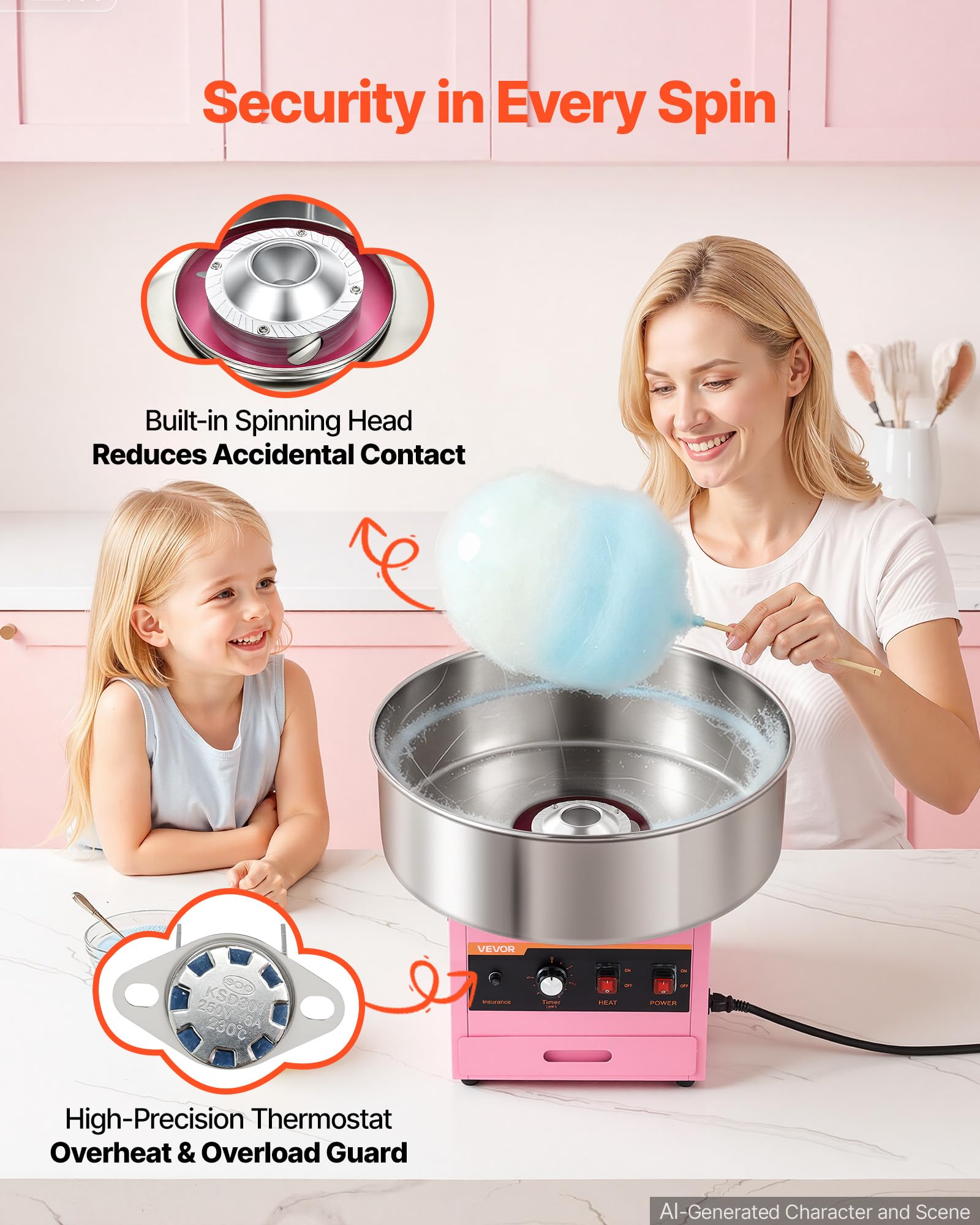 VEVOR Machine à Barbe à Papa Professionnelle, 1000 W, De Comptoir, Rose