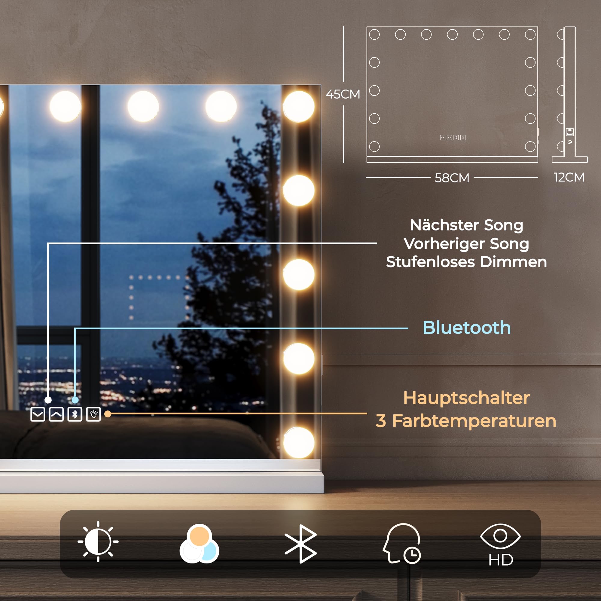 Hollywood Schminkspiegel mit Licht, Dreifarbiges Licht, Einstellbare Helligkeit, 58 x 45, Smart Touch Schalter und Memory Funktion, Mit Bluetooth