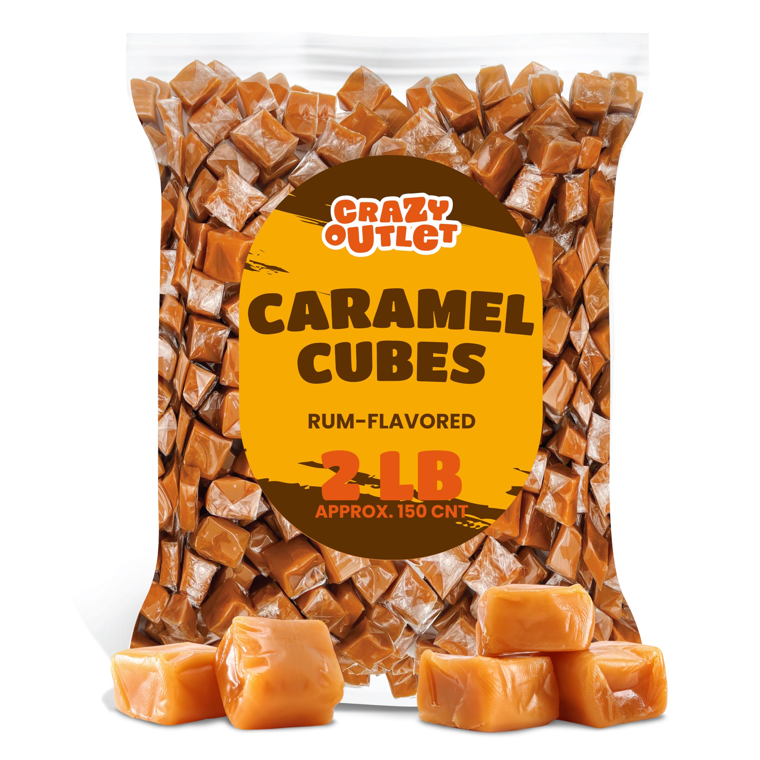 Caramel Cubes Candy - 2 Pound Bulk Pack (About 150 Count) - Rum-Flavored - Individually Wrapped