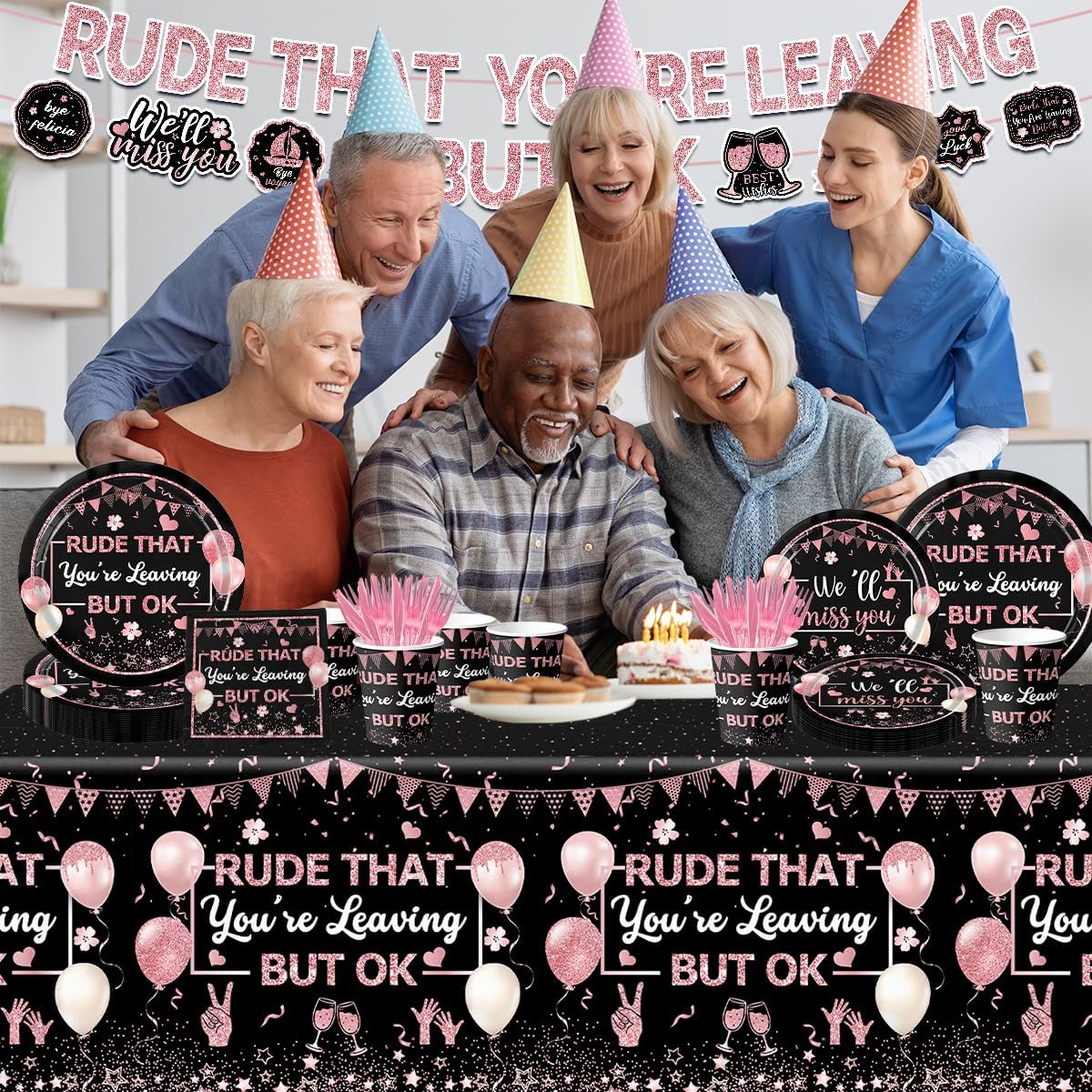 142pcs Going Away Party Decorations Rude That You’re Leaving But OK Party Supplies for Coworkers Retirement Leaving Farewell Paper Plates Napkins Banner We Will Miss You Decorations(Rose Gold)