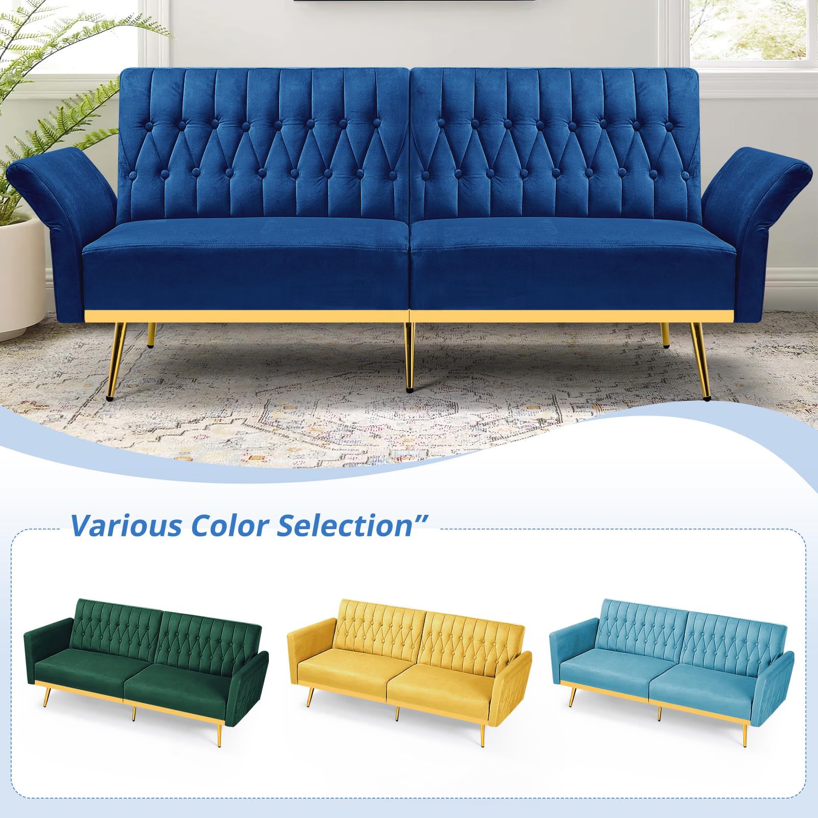 70” Velvet Futon Sofa Bed w/Adjustable Armrests, Blue | Convertible Sleeper Bed w/Adjustable Backrests, Modern Loveseat Couch w/Two Pillows for Living Room, Bedroom