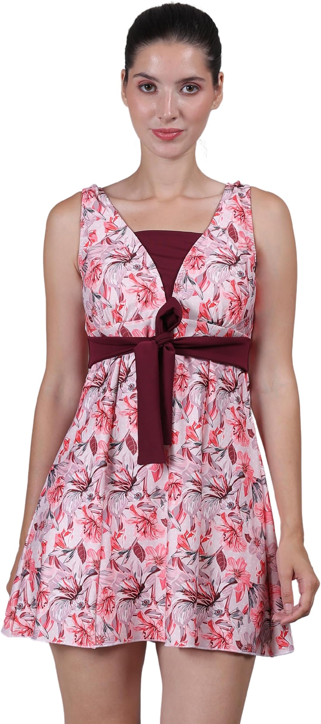 Women Printed Front Knot Adjustable Belt Frock Style Padded One Piece Swimming Costume