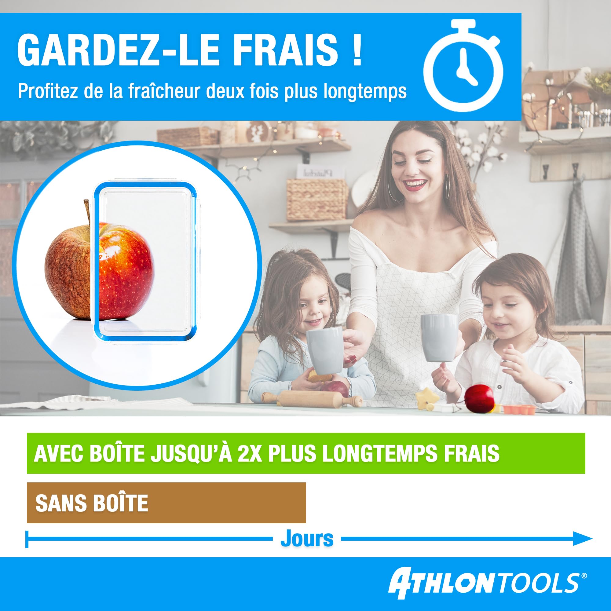 ATHLON TOOLS Lot de 4 boîtes de conservation de qualité gastronomique de 3 L - 100% hermétiques et étanches - de -40 à +100 degrés - pour tous les aliments - Sans BPA - Boîtes de conservation pour