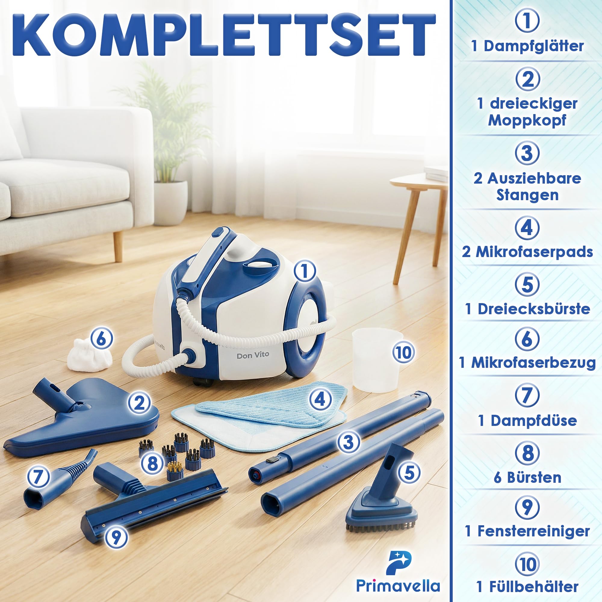 Primavella - Dampfreiniger - 1800 Watt, 3,5 Bar Druck, 1,5 Liter Tank - 16 Zubehörteile zur Reinigung von Badezimmer, Fliesen, Böden, Fugen, Polstermöbeln, Sofa, Auto
