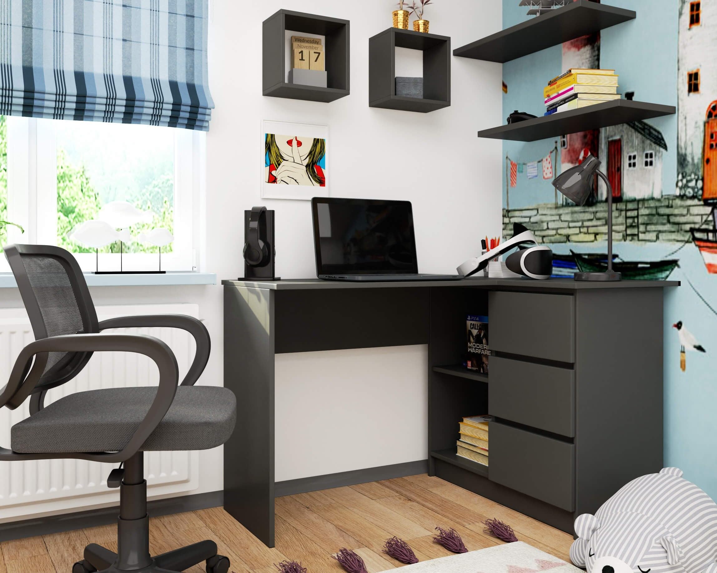 AKORD Bureau d'angle | Table avec Meuble de Rangement intégré et modulable avec 3 tiroirs et 2 étagères | L124 x H77 x P85 | Fourniture Bureau | Gris Graphite