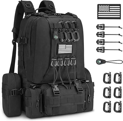 CVLIFE Mochila táctica de 60 L para hombres y mujeres, mochila militar grande del ejército con anillo en D, clips Molle, accesorios de brújula, 3
