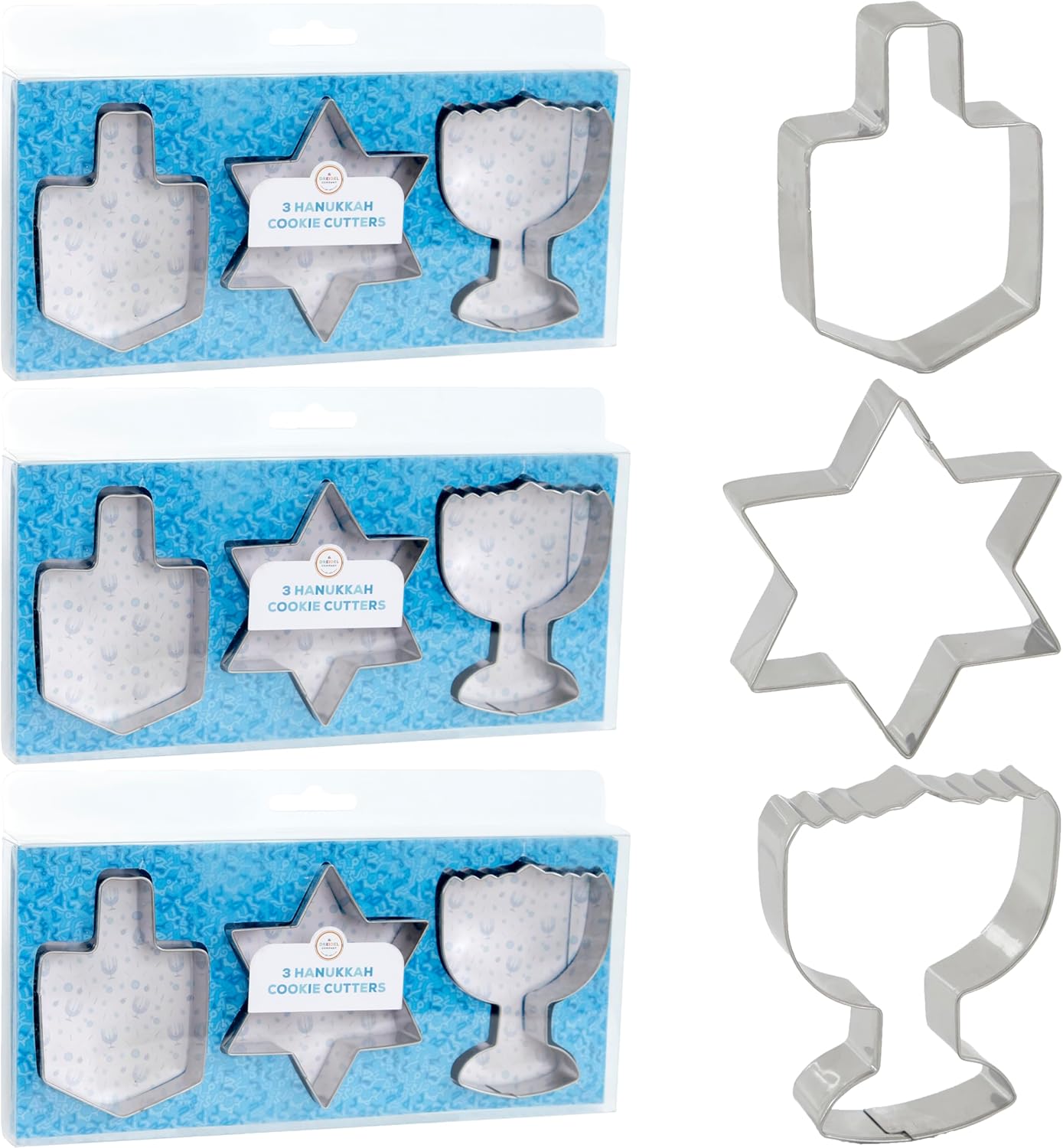 The Dreidel Company Stainless Steel Hanukkah Cookie Cutters, Three Hanukkah Menorah, Dreidel, Star Shaped (96-Pack)