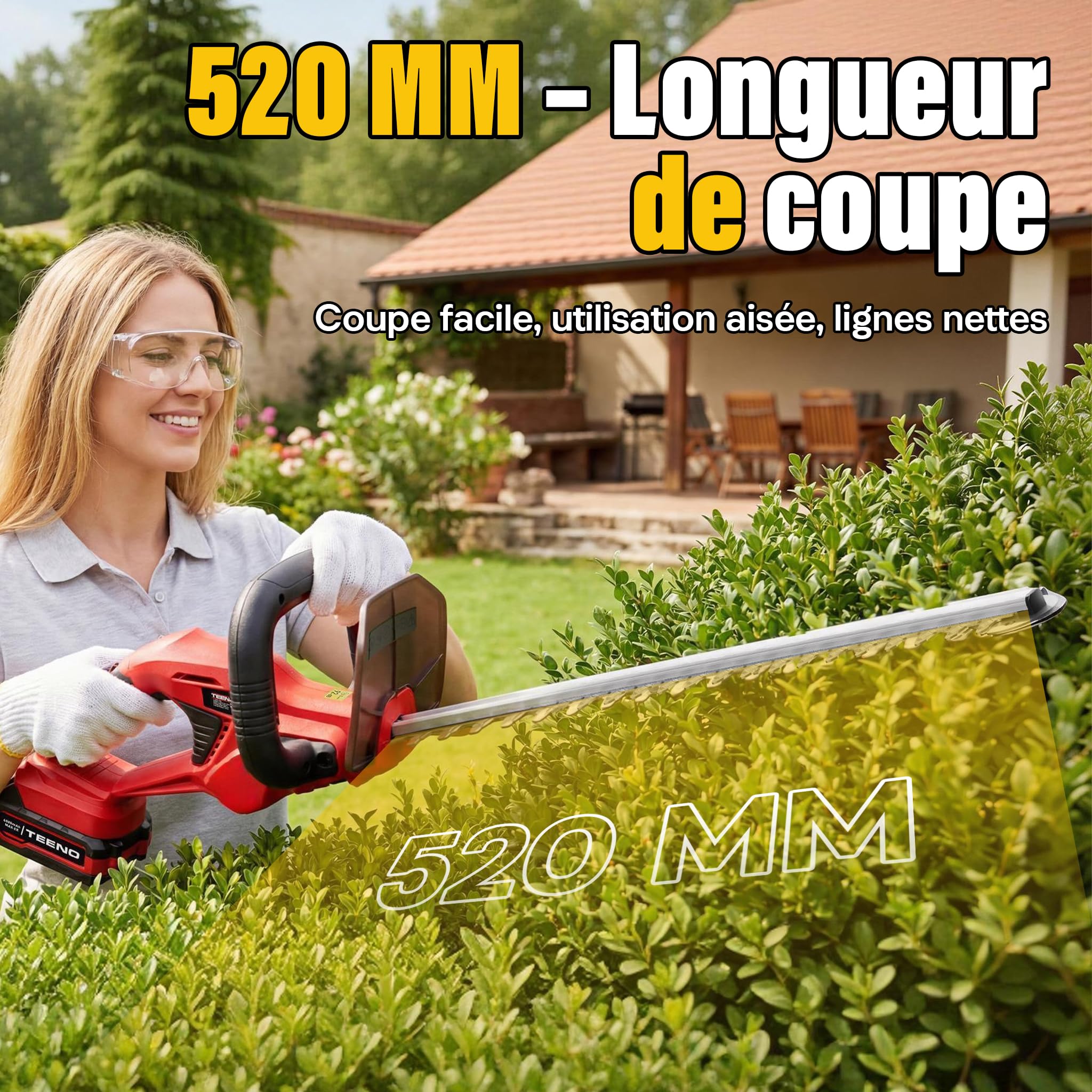 TEENO Taille Haie Batterie 20V,Taille Haie Electrique sans Fil avec 1 Batterie 4000mAh, Lame 52cm Coupe 16mm,Poignée Pivotante 180°,pour Jardin Haies Arbustes Buissons