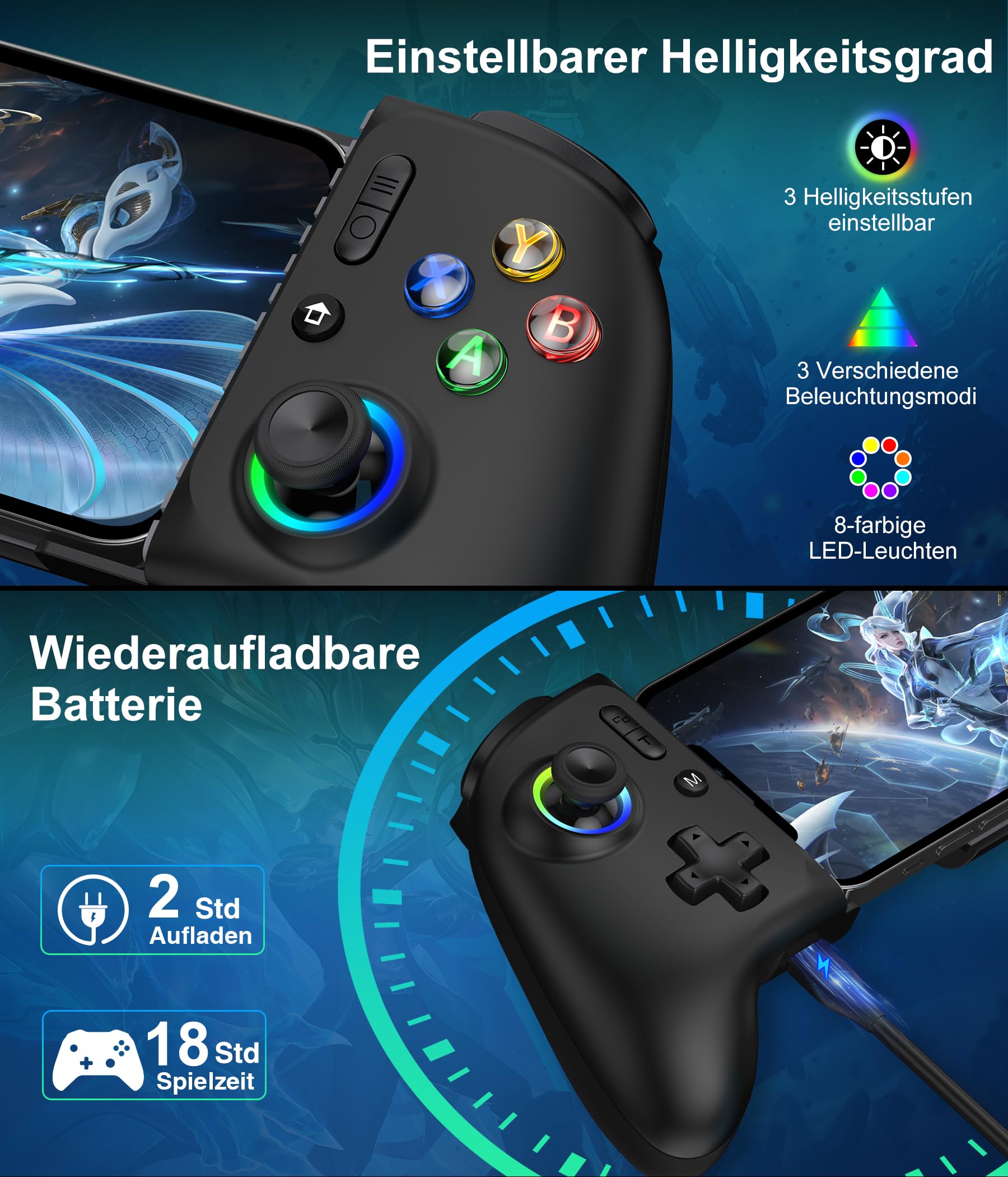 Elegamefy Handy Controller für Android/iPhone/Switch/Oled/Switch 2, Smartphone Controller mit Programmierbarem, Aufgerüstet Joystick ohne Totzonen, Led Licht