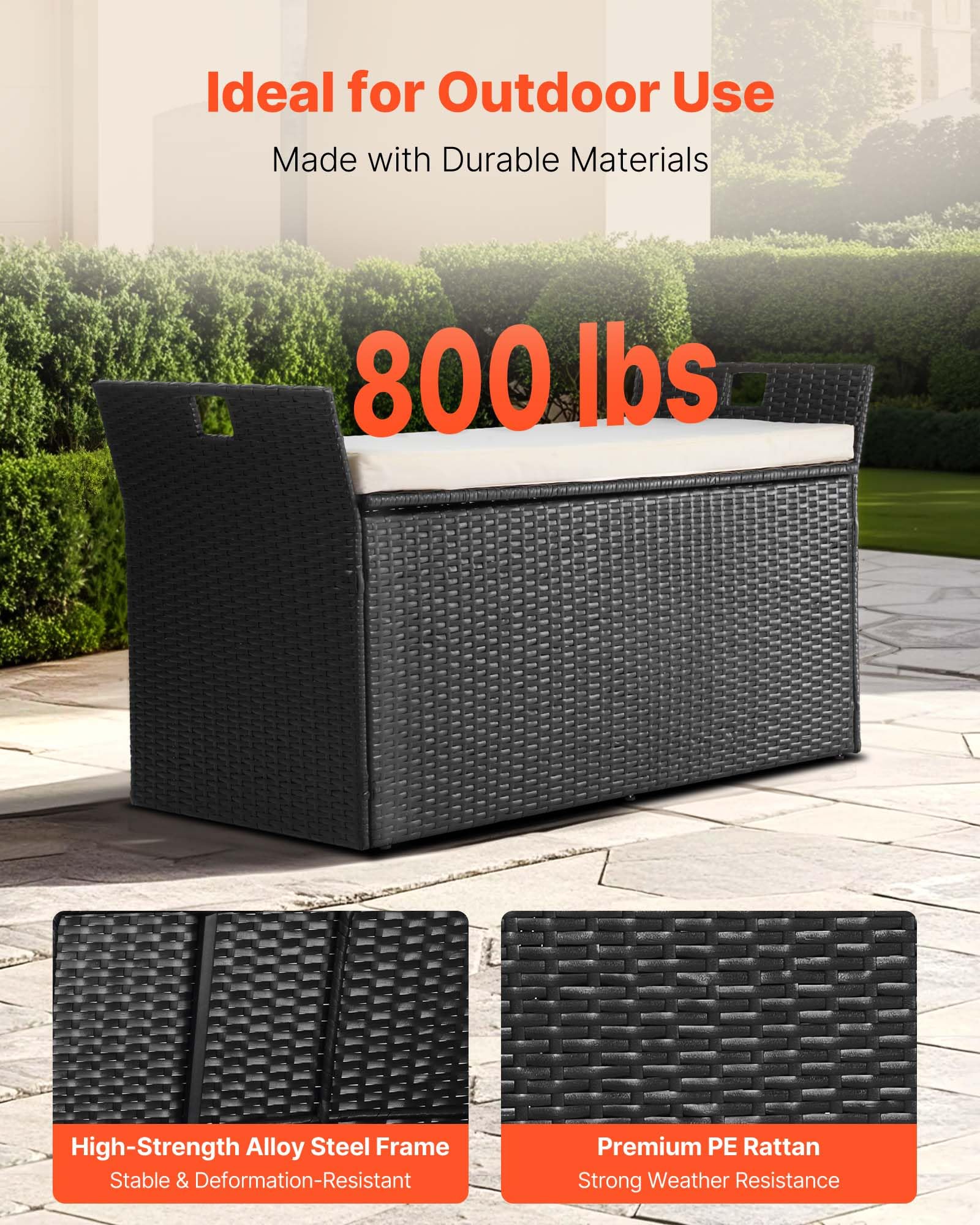 VEVOR Panca Portaoggetti da Esterno Nero, Panca Portaoggetti in Rattan PE per 2 Persone, Contenitore con Cuscino Maniglia Laterale, Supporta max. 362 kg, Seduta da Giardino Decorazione per Balcone