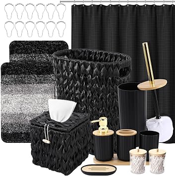 Bathroom Accessories Set, 25PCS Wicker Bathroom Accessory Set with Shower Curtain, Bath Mat, Soap Dispenser, Handwoven Trash Can & Rattan Tissue Box Black, Bath Set+Shower Curtain+Rugs