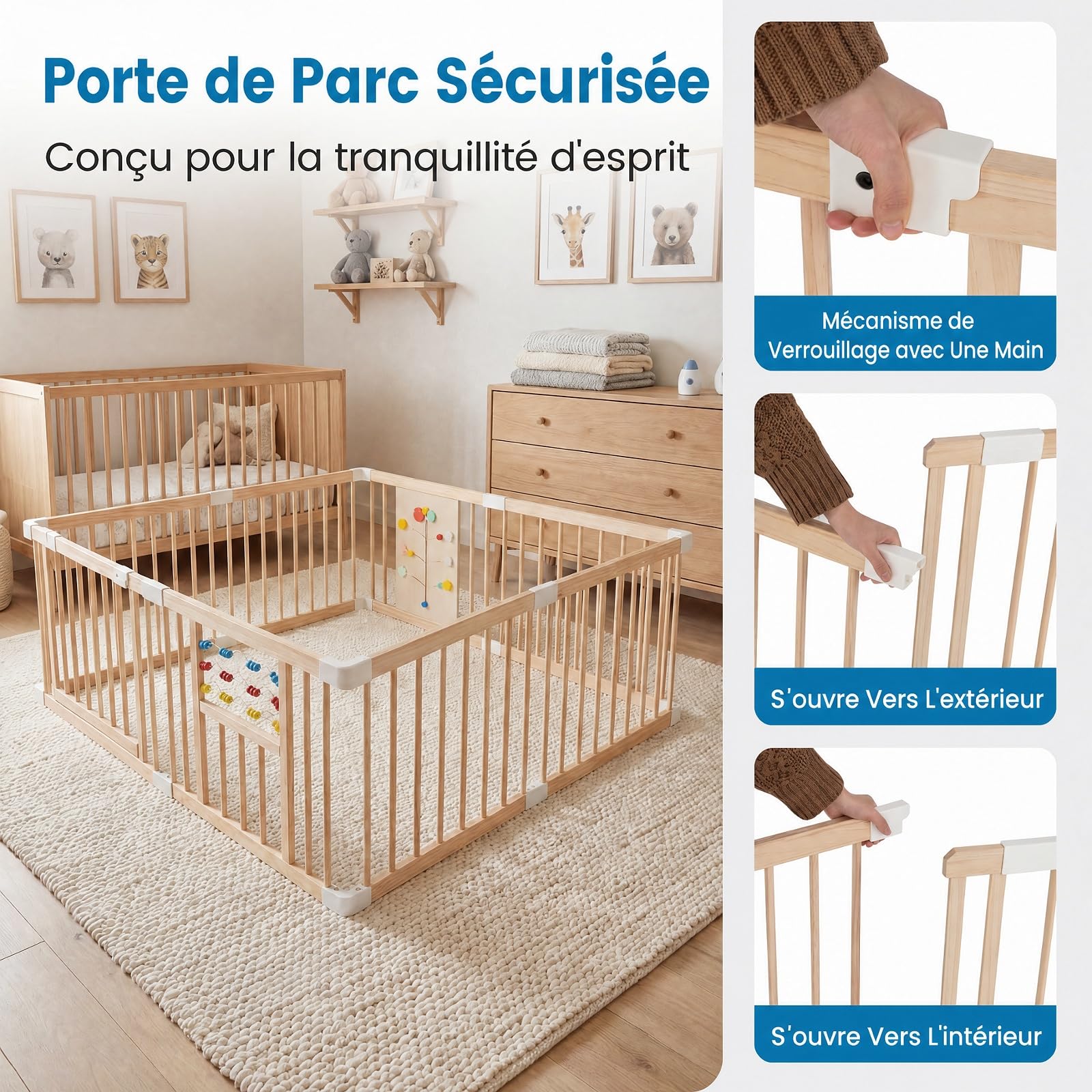RELAX4LIFE Parc Bébé en Bois Pliable Montessori, Barrière de Sécurité 8 PCS | en Bois Non Peint avec Panneau d'Activités, Portillon de Sécurité, Barreaux Écartés 6cm, Gain de Place, 160x160cm