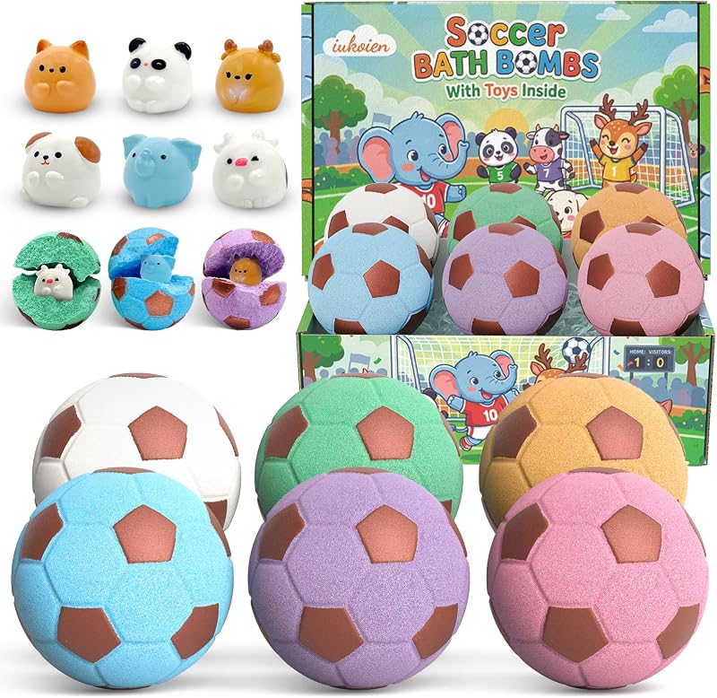 iukoien Bombas de banho em formato de bola de futebol com brinquedos surpresa, pacote com 6