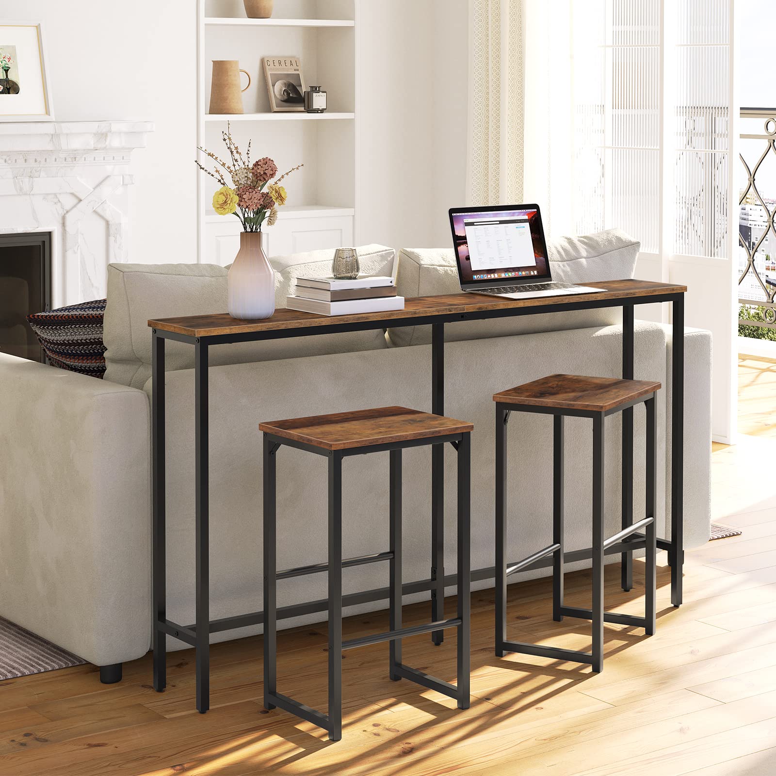 ALLOSWELL Console Table, Narrow Sofa Table, 55.1 Inches Entryway Table, Industrial Sofa Table, Side Table, for Hallway, Living Room, Sturdy and Stable, Easy to Assemble, Rustic Brown CTHR14101